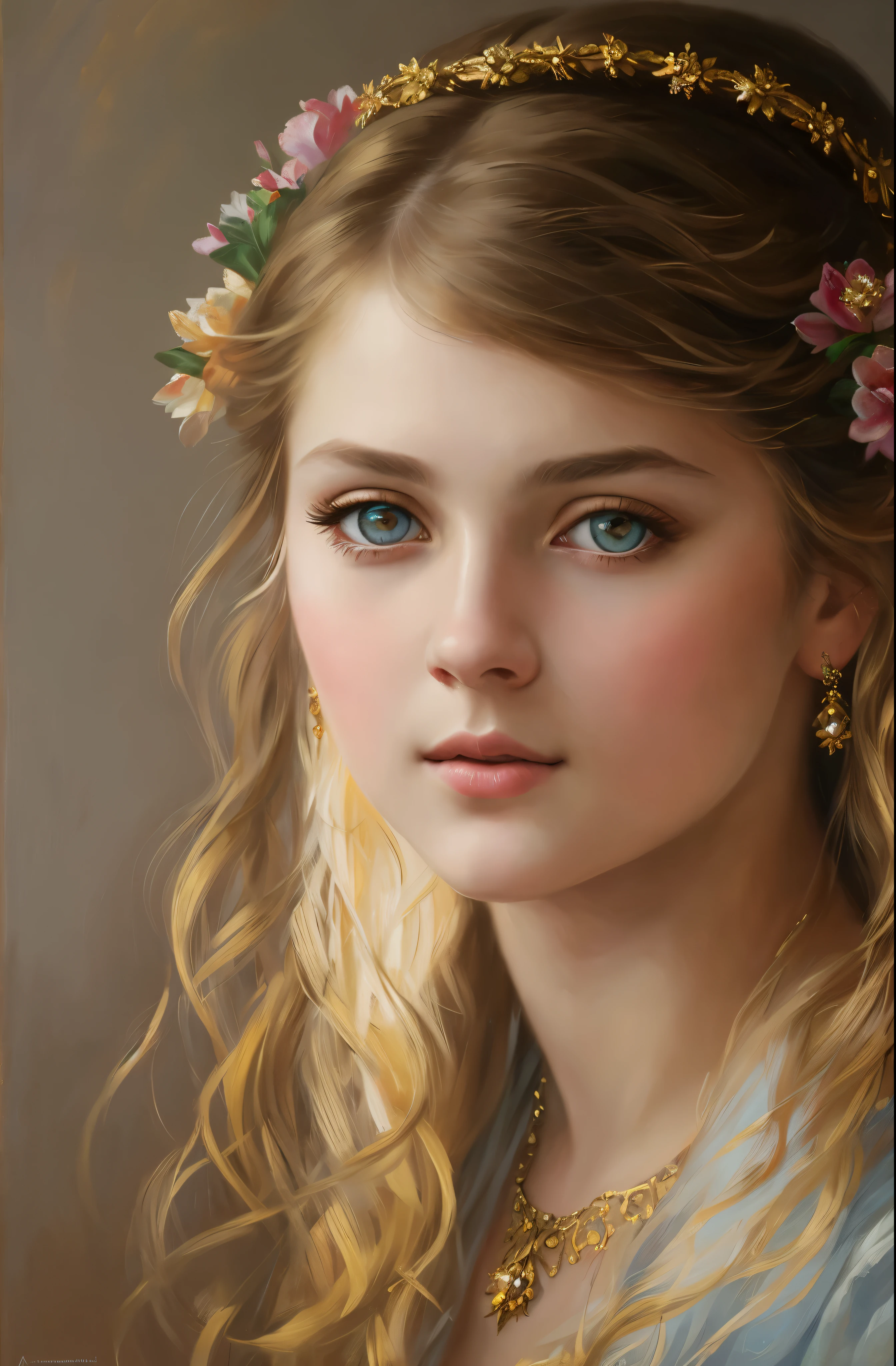 portrait, girl, middle ages, classicism, andrey atroshenko style, painting, pierced eyes, beautifully styled hair, traditional media, realistic, figurative, fine art, oil on canvas, HDR, 8K, original character, high resolution, high detail, focus on the face, beautiful eyes