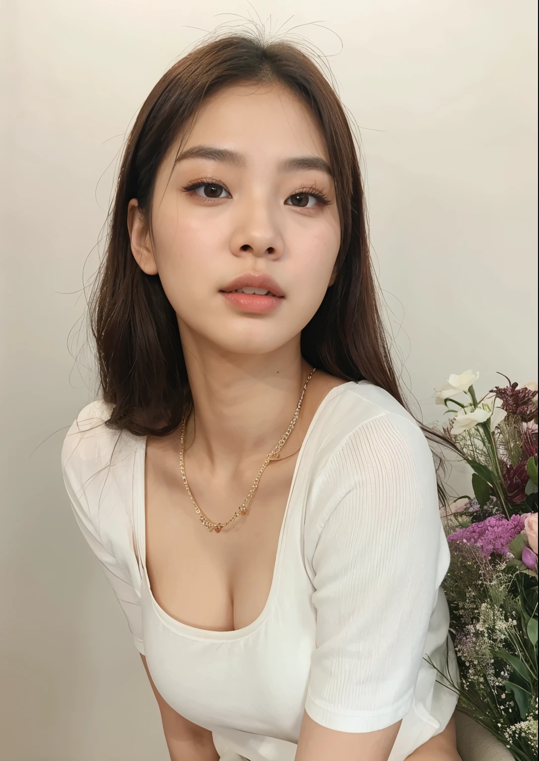 There's a woman sitting on a chair with a bouquet of flowers, gorgeous young mulher coreana, beautiful young mulher coreana, beautiful south mulher coreana, jennie blackpink, Heonhwa Choe, coreana, Jennie kim , morena jennie, kim jeny do blackpink mulher coreana, a young Asian woman, atriz feminina da Coreia, taejune kim, beautiful asian girl