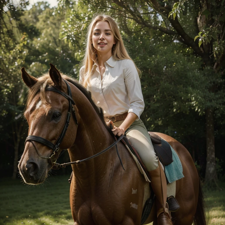 (best quality,4k,8k,highres,masterpiece:1.2),ultra-detailed,realistic,blonde haired 20-year-old girl with blue eyes, riding on a black horse galloping,traditional oil painting,beautiful detailed eyes and face, long eyelashes, flowing blonde hair,,sunlight filtering through the trees, vibrant colors, dramatic lighting, dynamic composition, joyful expression, lush green meadow, a sense of freedom and movement, romantic atmosphere, smooth brushstrokes, exquisite attention to detail, cinematic vibes, evocative mood, classic equestrian portrait.