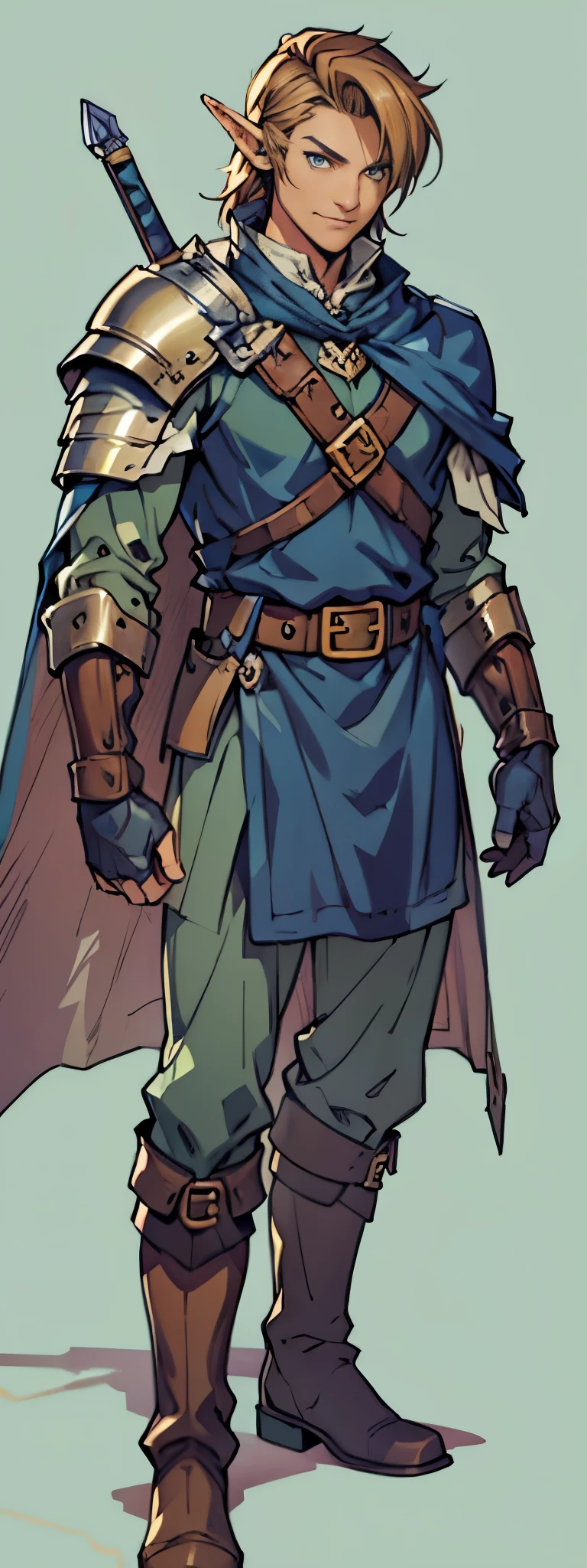 high detailed half-elf male,((male)), elf, brown_hair messy_hair smiling_face, green_eyes, scar_across_eye, pointed_ears, tan, armor breastplate blue_cape, leather_gloves, belt, belt_pounch, sheath, paladin knight, simple_background, male_focus solo, final fantasy tactics, jrpg, demacia, vox machina style,link,mature,knight,strong,warrior,royal,uniform,((detailed)),shaded, beautiful,king, (knee-high boots),(character design),