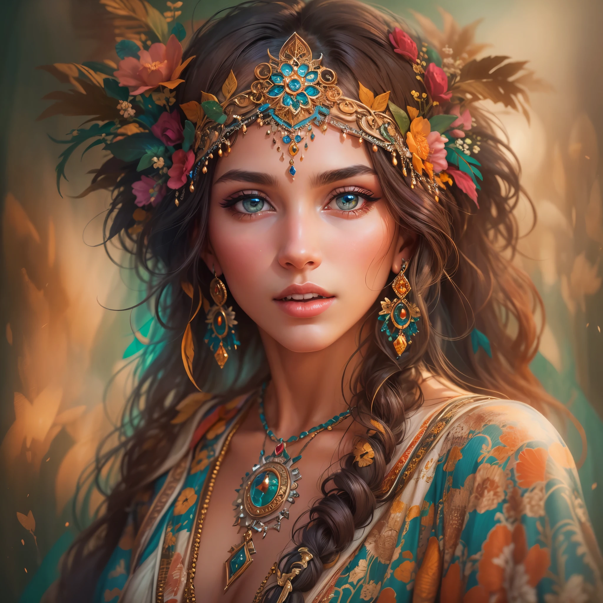 (best quality, highres, masterpiece:1.2),beautiful gypsy woman,expressive eyes,detailed lips,feminine beauty,colorful headdress,flowing dress,graceful pose,exquisite jewelry,romantic atmosphere,picturesque background,traditional patterns,bohemian style,vibrant colors,soft lighting,lush vegetation,impeccable makeup,ethereal beauty,artistic interpretation