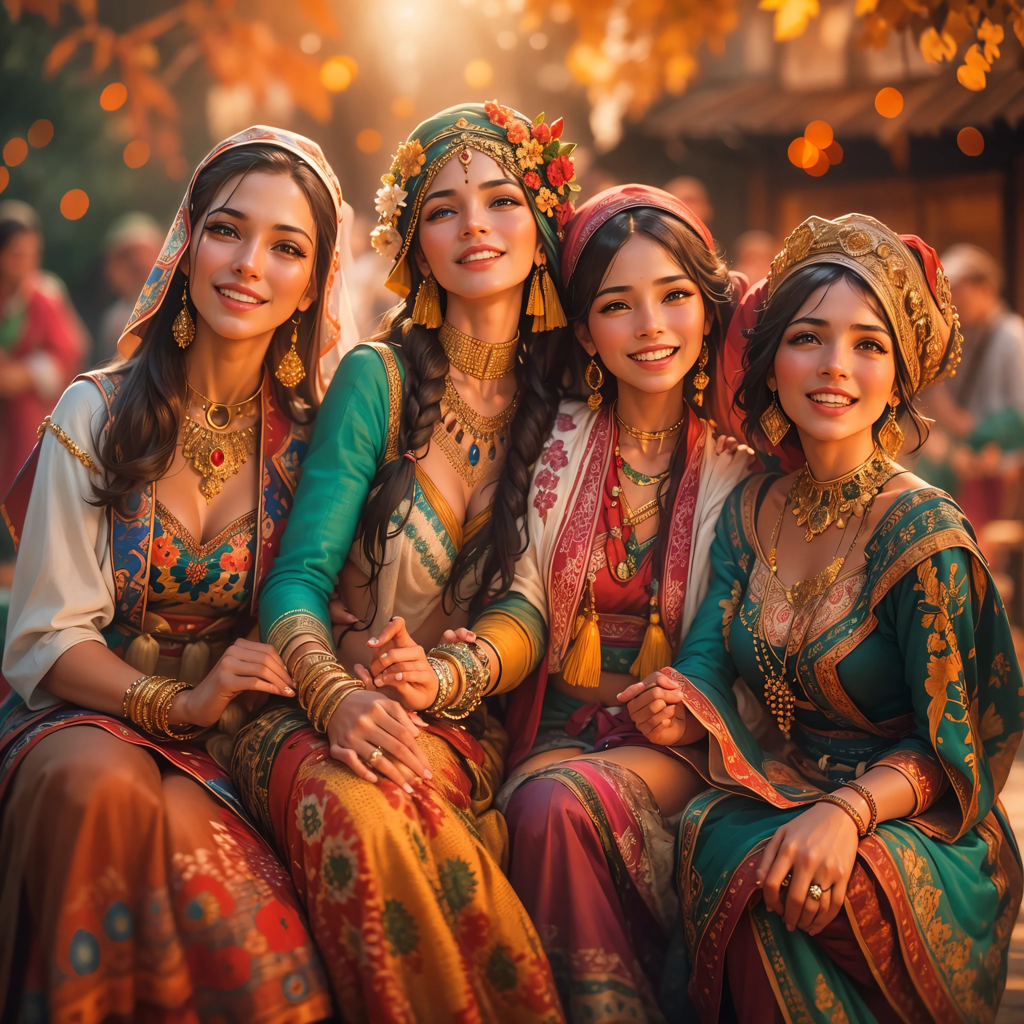 a group of gypsy women in traditional costume, vibrant colors, flowing skirts, detailed embroidery, intricate patterns, gold jewelry, expressive eyes and gestures, lively and energetic atmosphere, festive celebrations, outdoor setting, warm sunlight, bokeh effect, oil painting, high-quality details, vivid and saturated colors