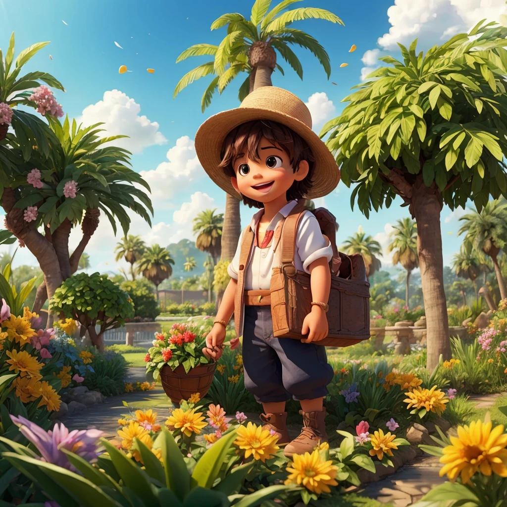 pintura feita em estilo aquarela, onde podemos ver um jardim encantador, with a gardener boy portrayed as a baby ipropriate gardening clothes and a straw hat,is on a path with dirt floor, Feito em estilo desenho de cartoon, O garotinho sorri enquanto cuida das plantas com carinho, O menininho segura uma cesta cheia desses frutos, que ele colheu com orgulho, Ao fundo, there are several majestic date palm trees, cheia de frutos maduros e suculentos, The image is made in watercolor, com cores vibrantes e suaves, conveying a sense of tranquility and harmony, The plants have bright colors coming from the flowers around the garden, as diferentes variedades de plantas, The boy is cheerful while holding the basket full of fruits, The ripe fruits of the date palm and how they add a touch of color and abundance to the garden, Use the watercolor technique used to create the image, highlighting the soft brushstrokes and translucent colors that bring the scene to life.