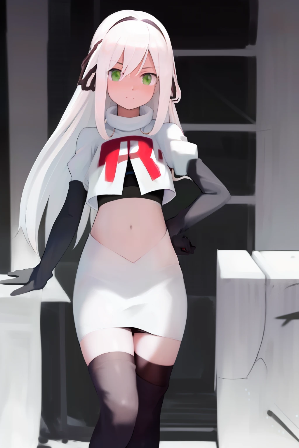 masterpiece, best quality, highres, 1girl avilia white hair green eyes, team rocket,team rocket uniform, red letter R, white skirt,white crop top,black thigh-highs,black elbow gloves