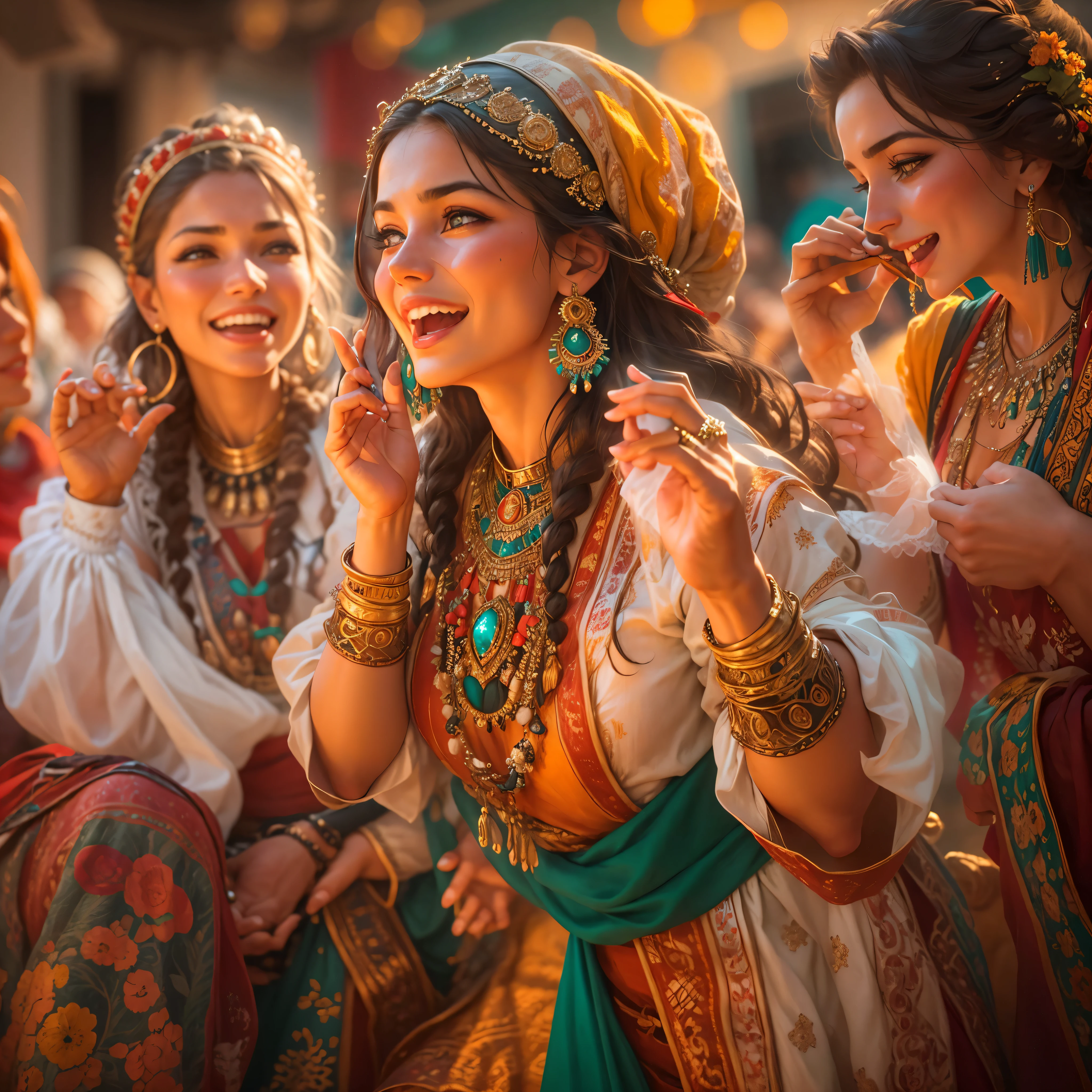 um grupo de mulheres ciganas em trajes tradicionais, cores vibrantes, flowing skirts, Bordado detalhado, intricate patterns, gold jewelry, Olhos e gestos expressivos, lively and energetic atmosphere, Festive celebrations, ambiente ao ar livre, luz solar quente, efeito bokeh, oil painting, detalhes de alta qualidade, cores vivas e saturadas