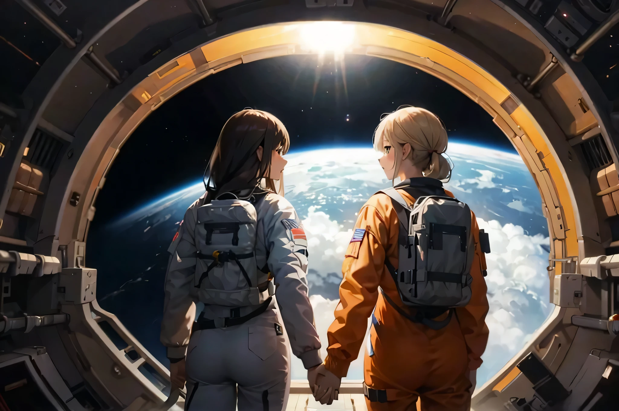 oilpainting of 2 anime girls from behind holding hands in astronaut suits, in the background a space station with a space rocket ready for launch, 4k, HD, 
