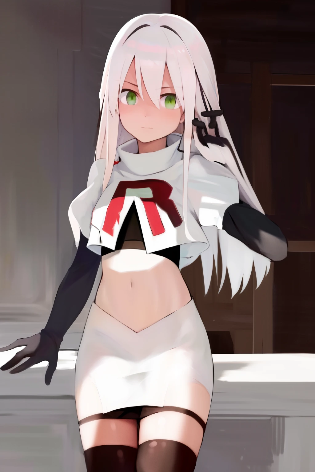 masterpiece, best quality, highres, 1girl avilia white hair green eyes, team rocket,team rocket uniform, red letter R, white skirt,white crop top,black thigh-highs,black elbow gloves