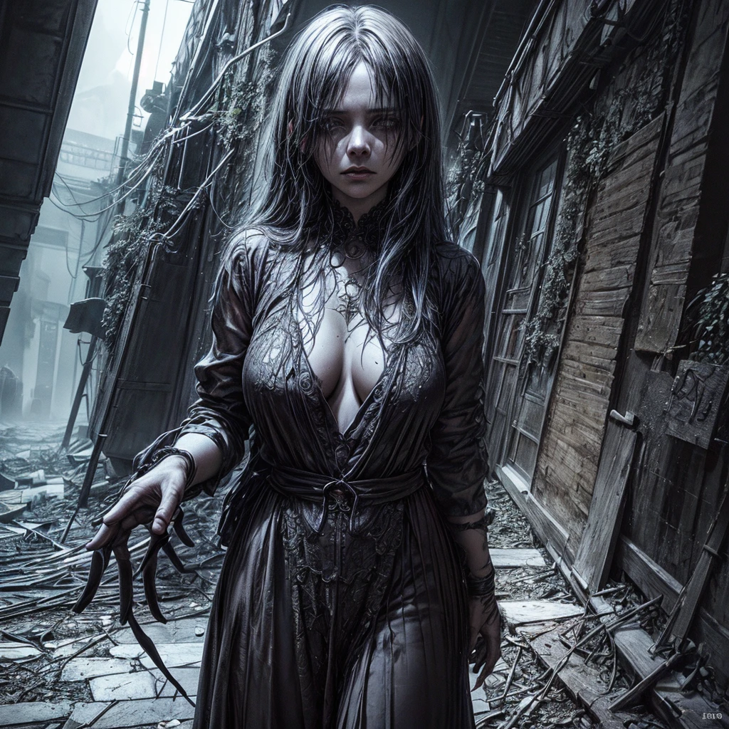 (best quality,4k,8k,highres,masterpiece:1.2),ultra-detailed,(realistic,photorealistic,photo-realistic:1.37),dark fantasy,street scene,unfamiliar environment,detailed buildings,ominous atmosphere,mysterious creatures,horrifying presence,unsettling,shadowy figures,intense darkness,young girl,long hair,innocent face,vulnerable position,hopeless situation,distressed expression,starry sky,dimly lit street lamps,dark colors,overgrown plants,quirky architecture,strange symbols,haunting shadows,abandoned feel,loneliness,magic in the air,creepy atmosphere,enchanted surroundings,gothic elements,otherworldly aura,dramatic composition,contrasting light and shadow,foreboding,uncertainty, bright weather, sunny day, brigth ambiences, light everywhere, nsfw, exposed woman, naked woman, nude boobs