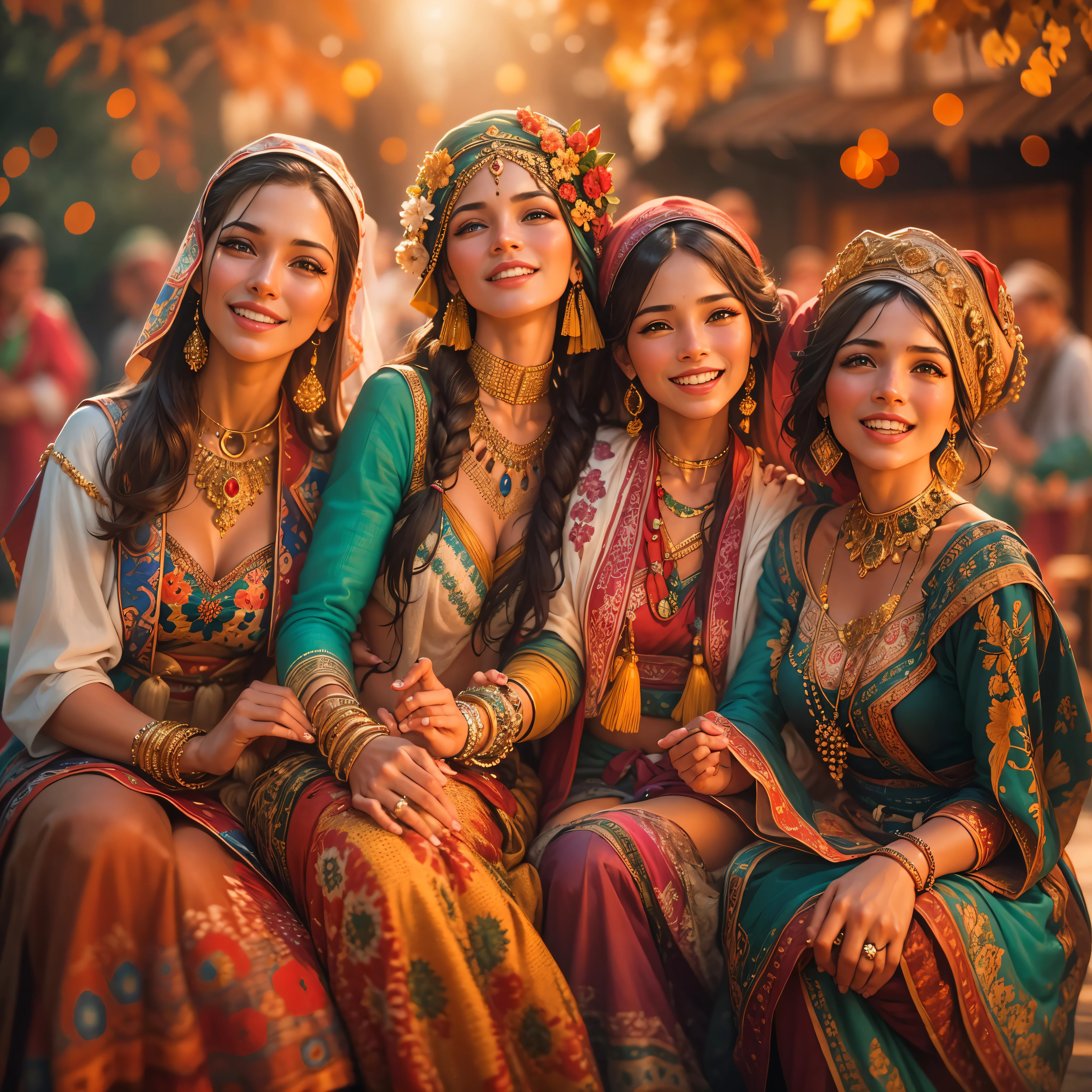 um grupo de mulheres ciganas em trajes tradicionais, cores vibrantes, flowing skirts, Bordado detalhado, intricate patterns, gold jewelry, Olhos e gestos expressivos, lively and energetic atmosphere, Festive celebrations, ambiente ao ar livre, luz solar quente, efeito bokeh, oil painting, detalhes de alta qualidade, cores vivas e saturadas