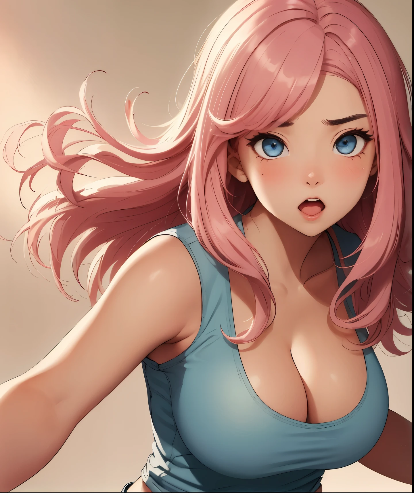 best quality, 1girl, ((solo)), masterpiece, best quality, 8k, 18 years old, neat girl, detailed skin texture, ((beautiful detailed face)), intricate details, ((long pink hair)), straight hair, (parted bangs), upper body, detailed blue eyes, (curvy:1.1), ((huge breasts)), cleavage, (white tank top), (denim short shorts), bare arms, ((raised eyebrows)), ((blush)), (open mouth), troubled face, ((leaning forward)), ((open arms)), ((simple light brown background))