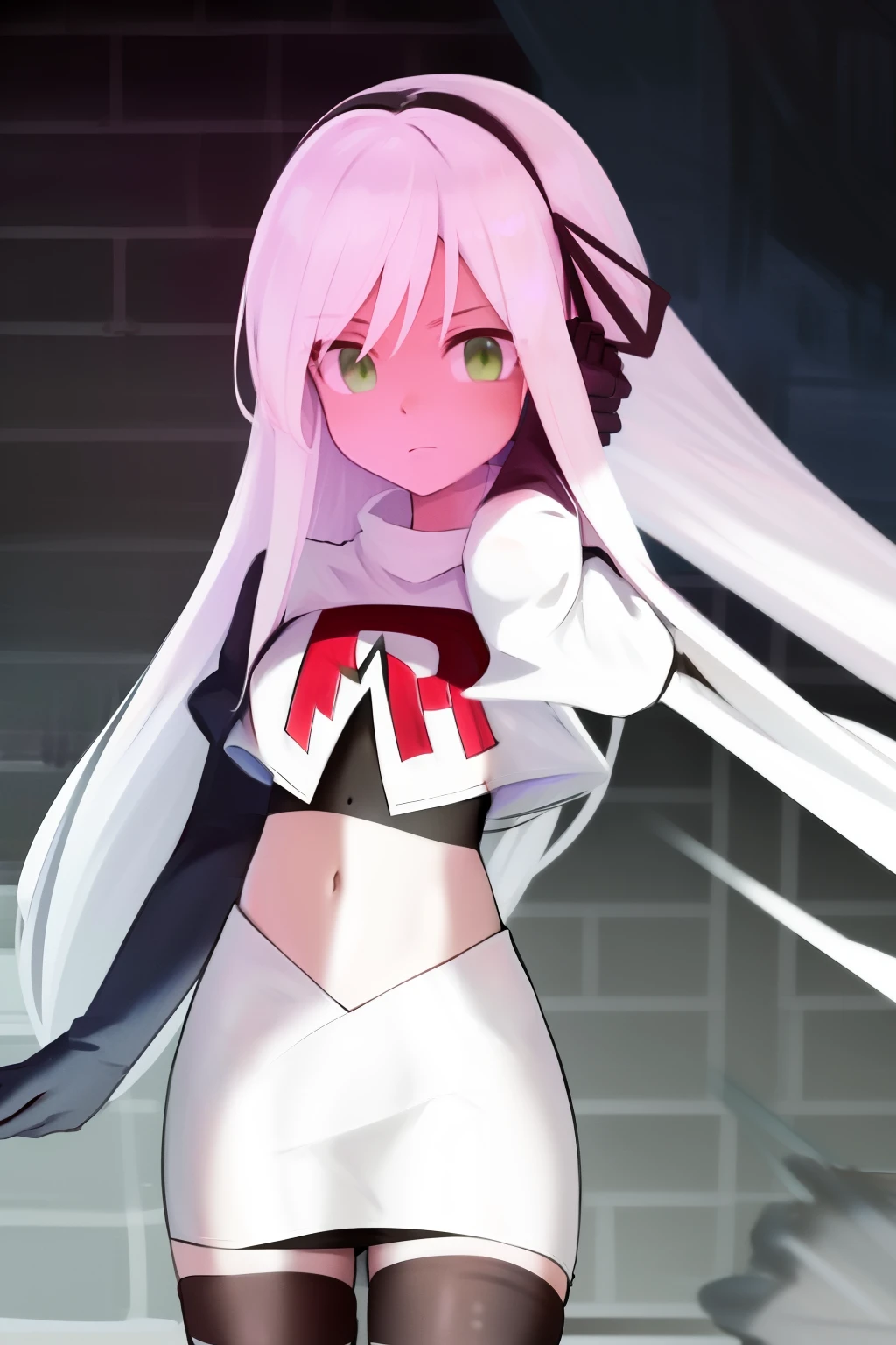 masterpiece, best quality, highres, 1girl avilia white hair green eyes, team rocket,team rocket uniform, red letter R, white skirt,white crop top,black thigh-highs,black elbow gloves