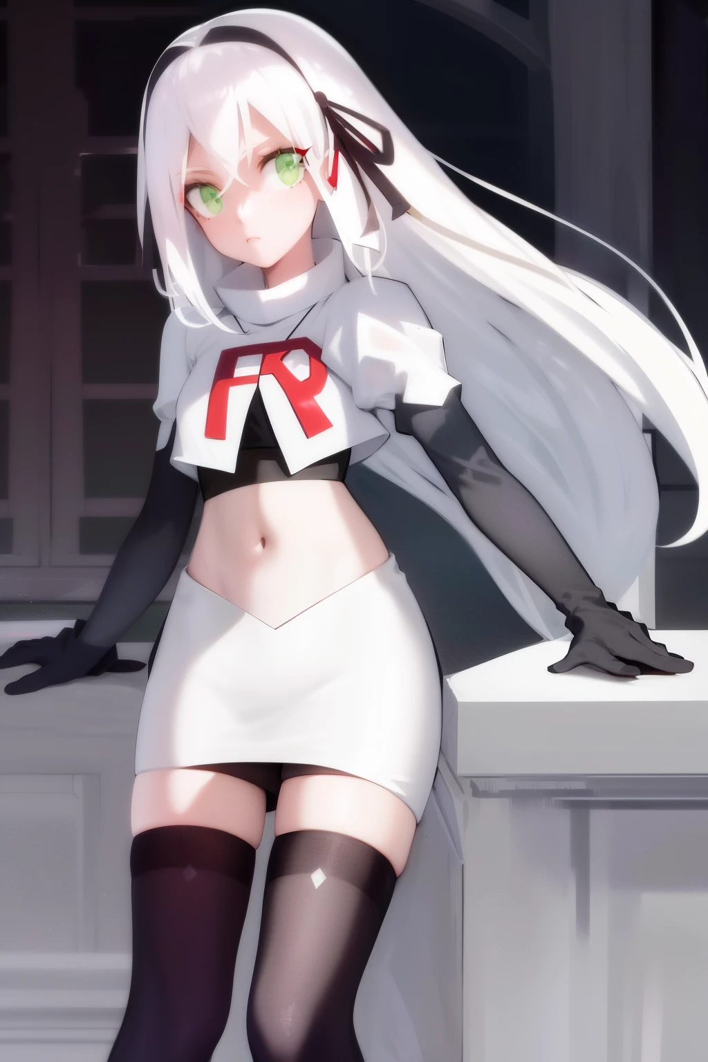 masterpiece, best quality, highres, 1girl avilia white hair green eyes, team rocket,team rocket uniform, red letter R, white skirt,white crop top,black thigh-highs,black elbow gloves