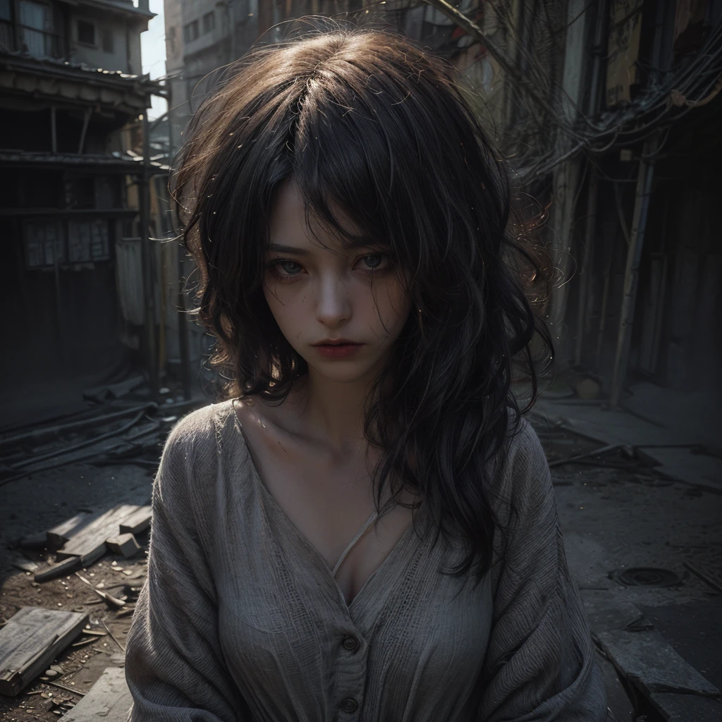 (best quality,4k,8k,highres,masterpiece:1.2),ultra-detailed,(realistic,photorealistic,photo-realistic:1.37),dark fantasy,street scene,unfamiliar environment,detailed buildings,ominous atmosphere,mysterious creatures,horrifying presence,unsettling,shadowy figures,intense darkness,young girl,long hair,innocent face,vulnerable position,hopeless situation,distressed expression,starry sky,dimly lit street lamps,dark colors,overgrown plants,quirky architecture,strange symbols,haunting shadows,abandoned feel,loneliness,magic in the air,creepy atmosphere,enchanted surroundings,gothic elements,otherworldly aura,dramatic composition,contrasting light and shadow,foreboding,uncertainty, bright weather, sunny day, brigth ambiences, light everywhere, nsfw, exposed woman, naked woman, nude boobs
