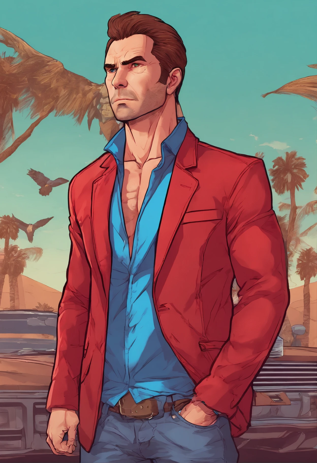Solo, male focus, (masterpiece, ultra quality, high resolution, 8k, intricate: 1.2), (detailed face:1.2), mysterious, mature adult male , (Dressed in a red velvet jacket and blue jeans:1.2),Tall and fit , ( 40 years old :1.2), (shaven:1.2), (very short brown hair:1.3), ((very short hair:1.3)).
