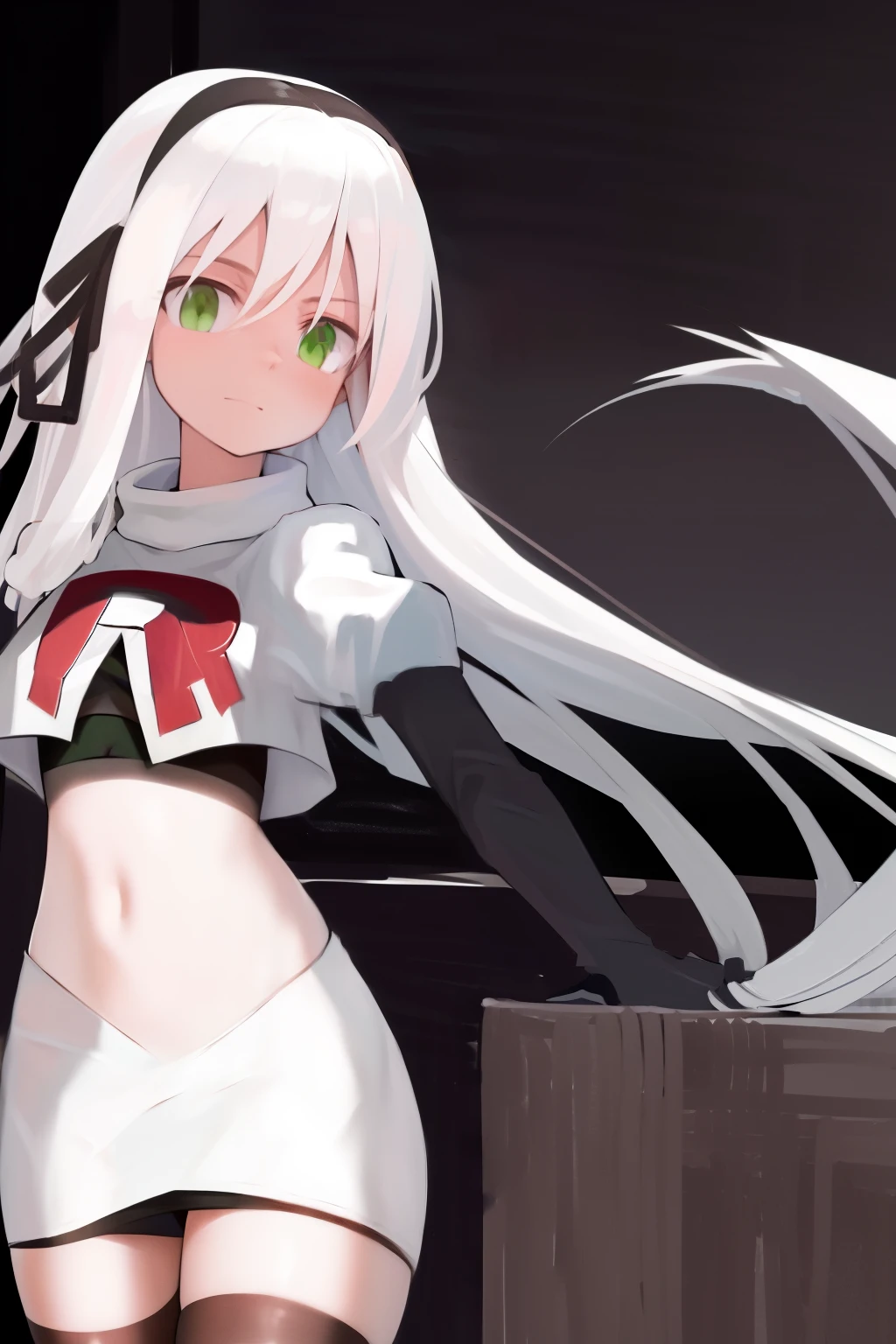 masterpiece, best quality, highres, 1girl avilia white hair green eyes, team rocket,team rocket uniform, red letter R, white skirt,white crop top,black thigh-highs,black elbow gloves