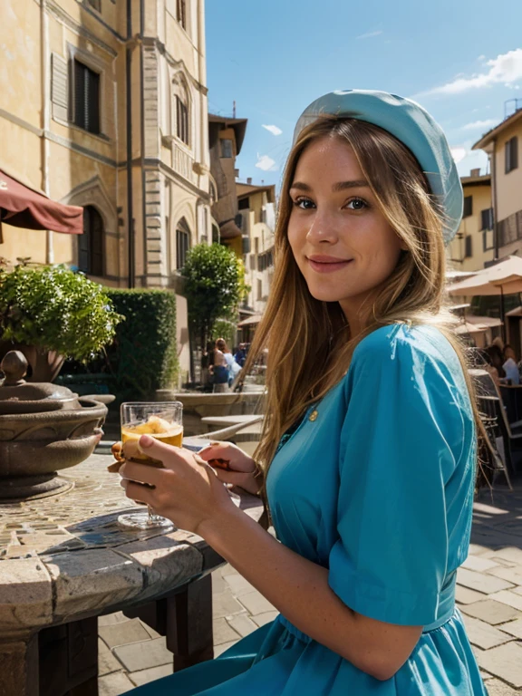 (best quality,highres,ultra-detailed:1.2), HDR, vivid colors, beautiful blonde girl with blue eyes, Duomo square Florence, lively atmosphere, charming architecture, colorful flowers, happy people, stunning view, cozy cafe, outdoor dining, sunny weather, elegant dress, stylish hat, joyful expression, long flowing hair, mouthwatering food stands, historical landmarks, mosaic pavement, decorative fountains, blue sky, warm sunshine, carefree moments