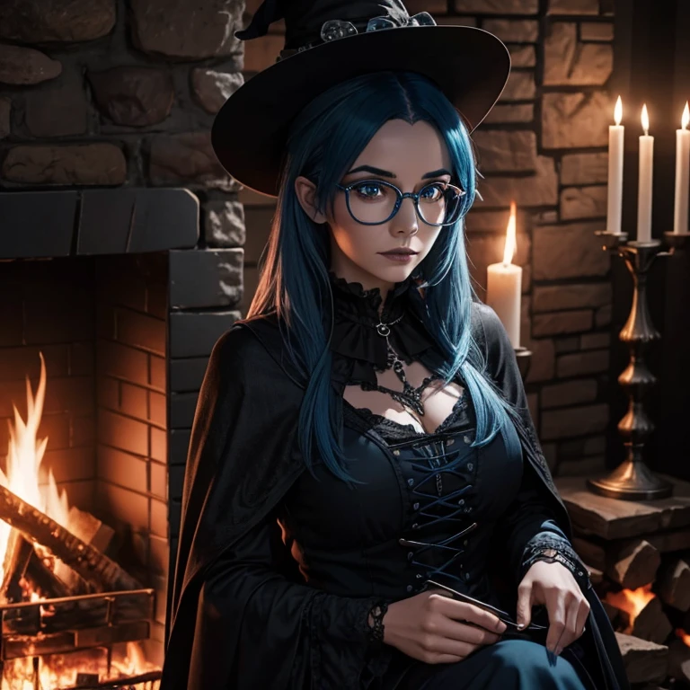 A gothic witch with blue hair and glasses in front of a fire