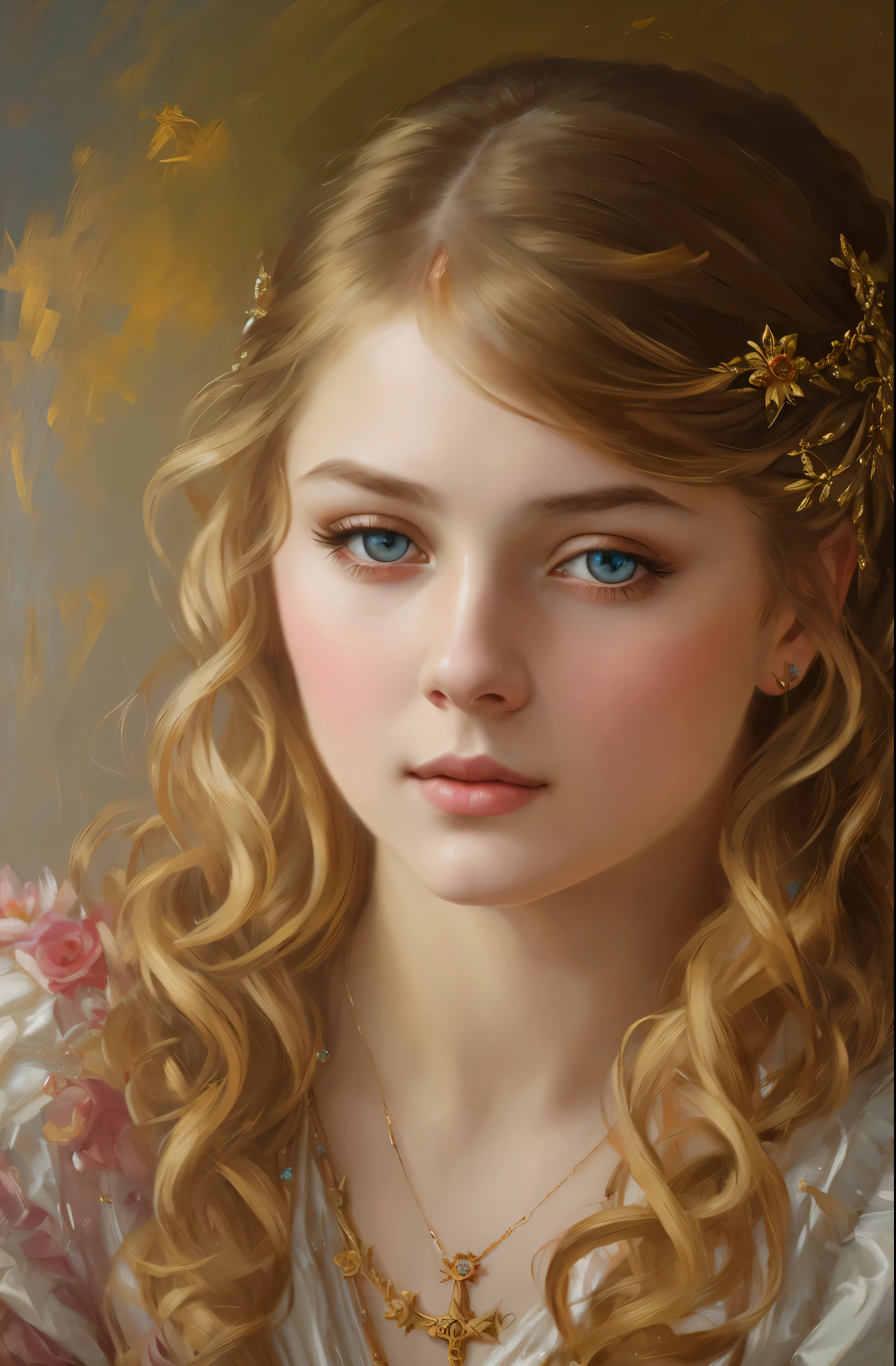 portrait, girl, middle ages, classicism, andrey atroshenko style, painting, pierced eyes, beautifully styled hair, traditional media, realistic, figurative, fine art, oil on canvas, HDR, 8K, original character, high resolution, high detail, focus on the face, beautiful eyes 