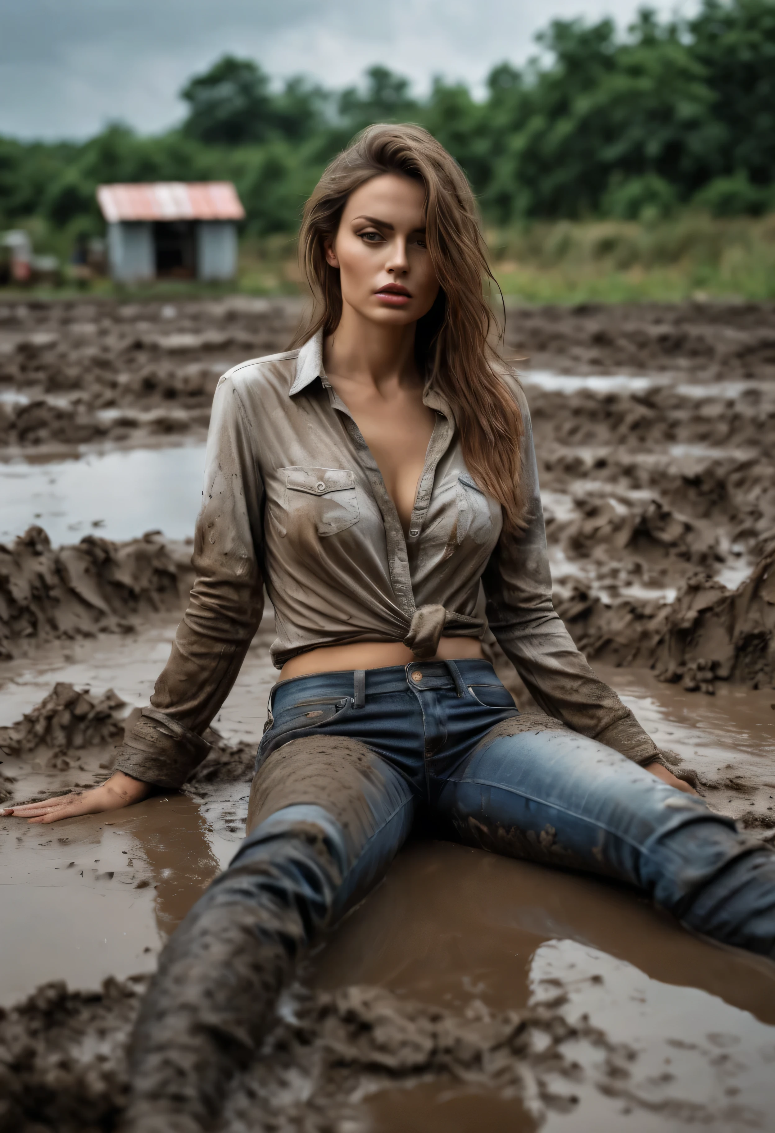 (best quality, highres, ultra-detailed, realistic:1.37), shameful fetish atmosphere, woman taking a mud bath, jeans covered with mud, expression of despair, blouse, dramatic lighting, seductive gaze, outdoor