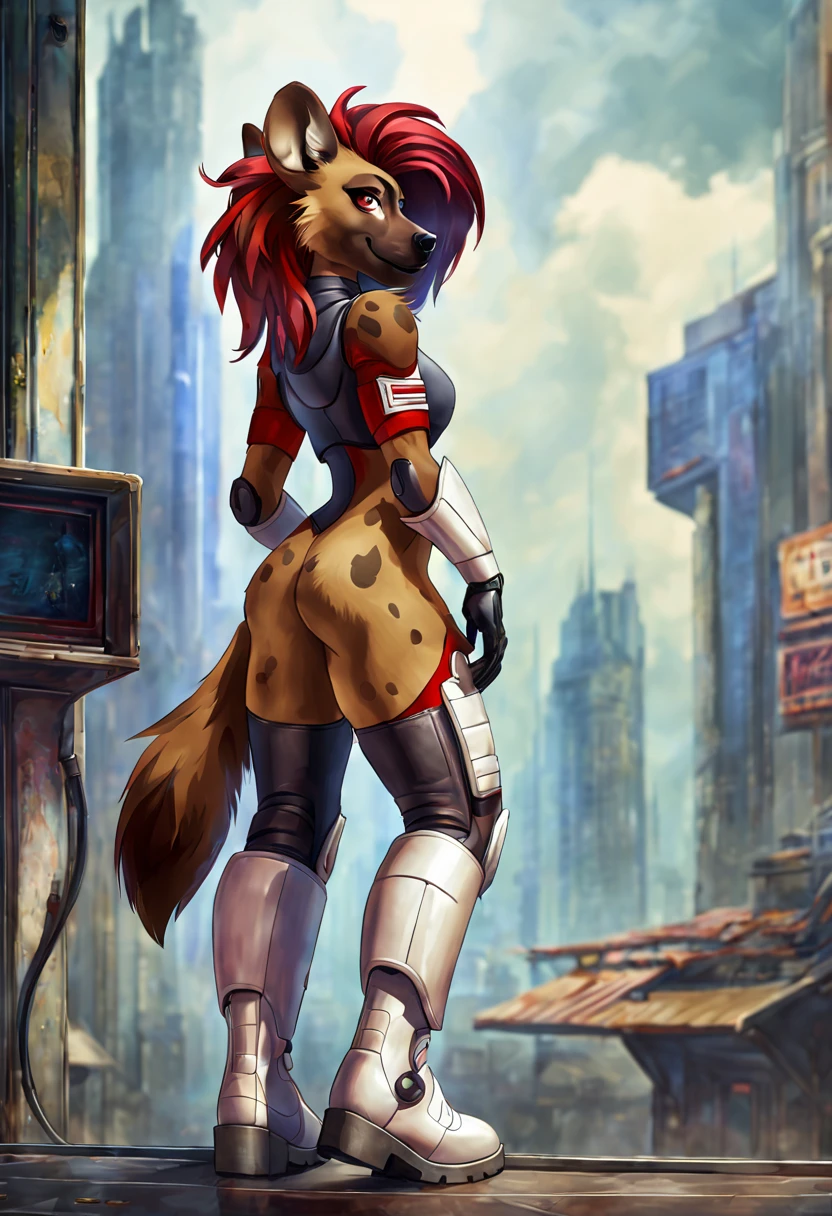 (best quality,highres:1.2,ultra-detailed),female anthropomorphic hyena,She has a Rachel hair style and red color,His eyes are well detailed brown,She has a very defined and well-detailed body,vivid colors,well detailed,2d art style, She is wearing a post apocalyptic outfit, she is inside a futuristic building ,She is wearing white cybernetic boots,cybernetic left arm,she is looking straight ahead, full body view.
