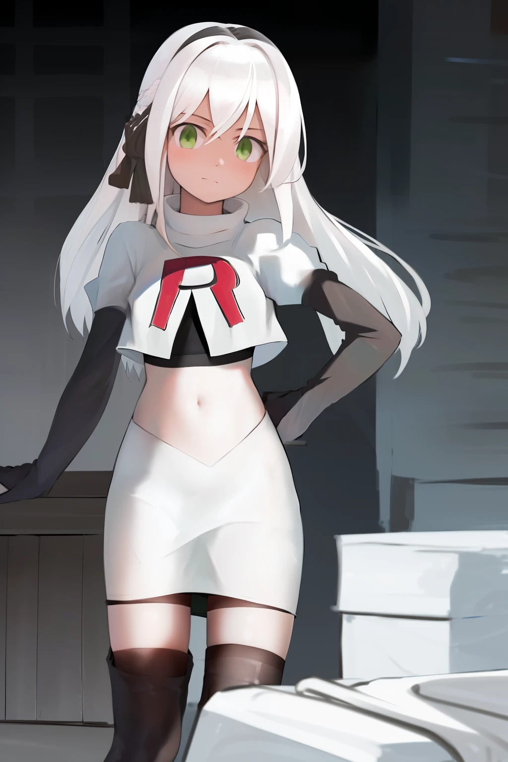 masterpiece, best quality, highres, 1girl avilia white hair green eyes, team rocket,team rocket uniform, red letter R, white skirt,white crop top,black thigh-highs,black elbow gloves