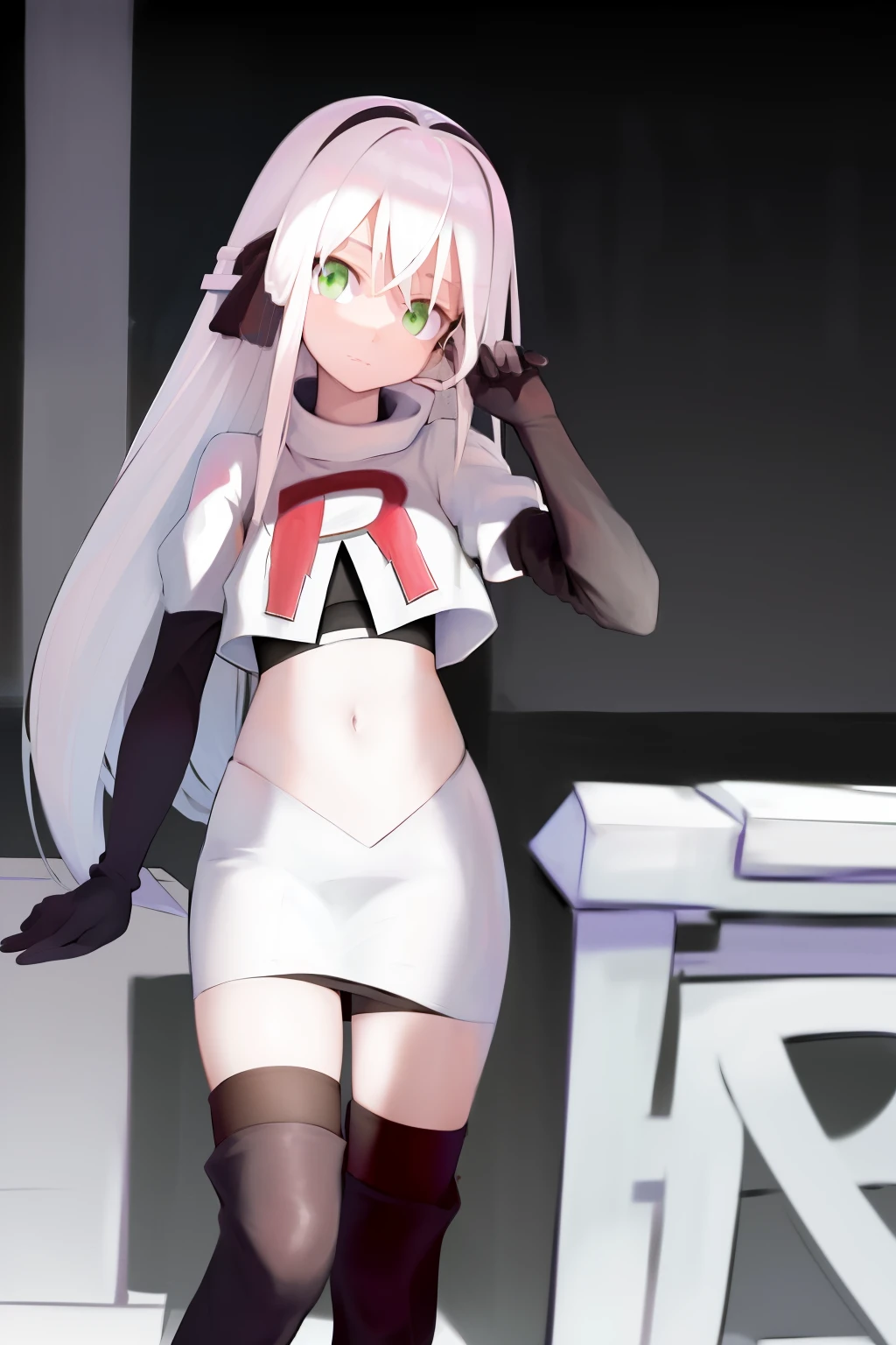 masterpiece, best quality, highres, 1girl avilia white hair green eyes, team rocket,team rocket uniform, red letter R, white skirt,white crop top,black thigh-highs,black elbow gloves