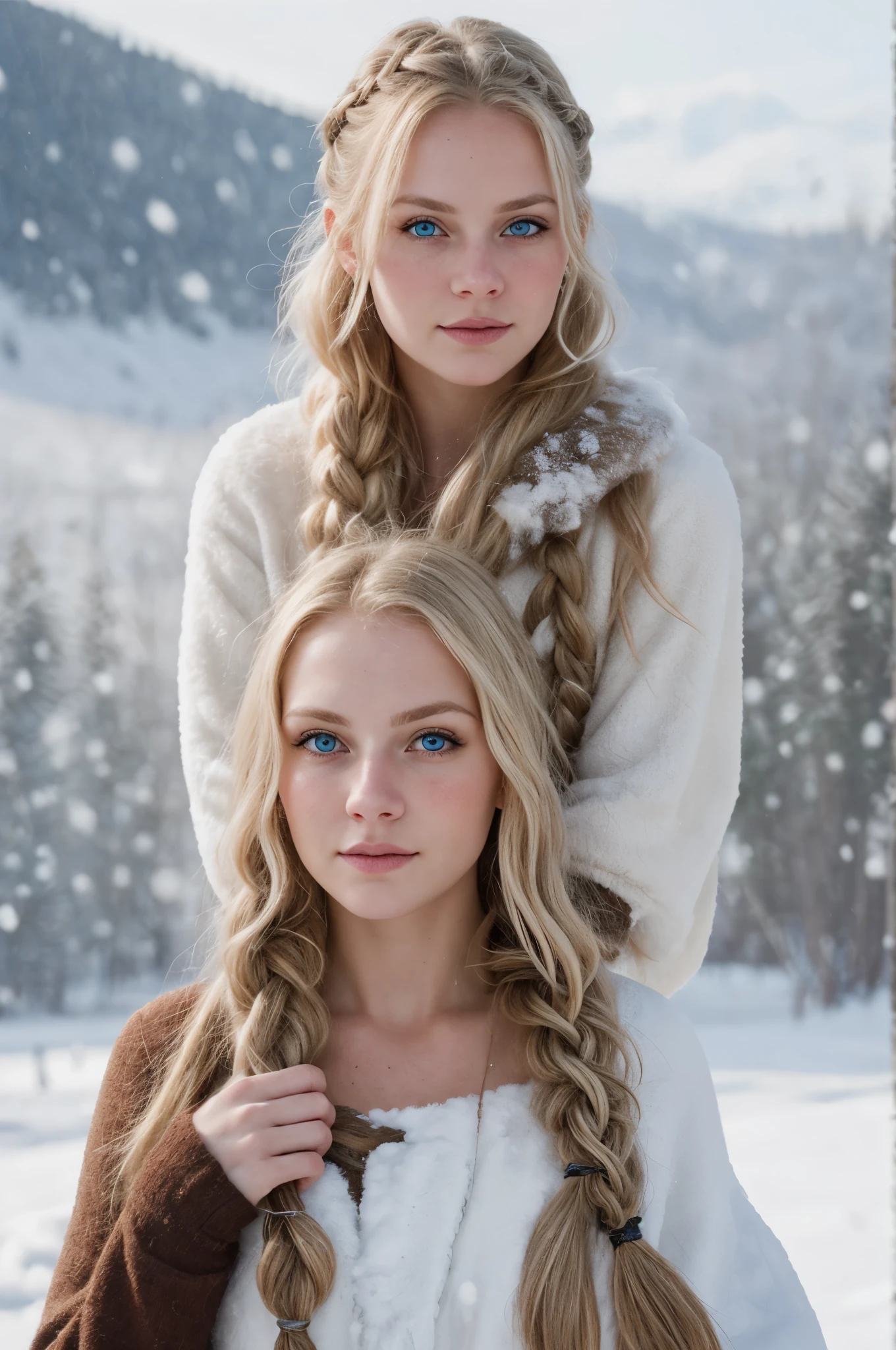 (Realisttic:1.2), analog photo style, female nordic warrior, fantasy snowy setting, braided blonde hair, full body, soft natural light, cute and sexy, pleasure, detailed face and blue eyes, great quality, Masterpiece, detailed northern background, 16k quality, RAW photo