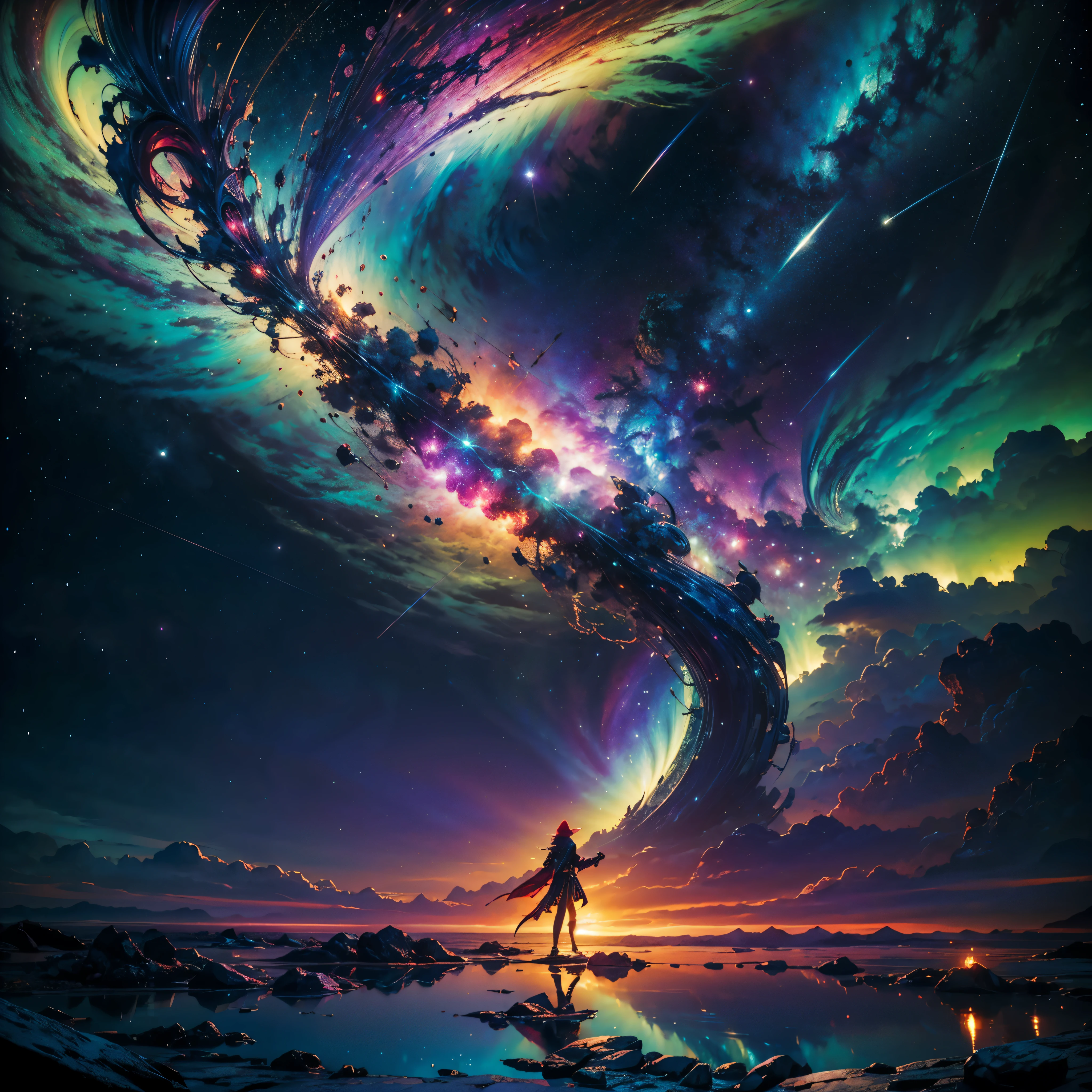 Hyper Vibrant Nebulae Octans by_Mappa Spacious Starry_sky ((🎈Sunset epic sunshine parabolic sunrise Rain_Color Colorful_liquid_on_naked_body:1.3 Colorful_body Colorful_ink_on_hair:1.2 Rainbow Abundant_colorful_liquids White_liquid fullbodye wet_Color_liquid)) In the vast expanse of the cosmos, a breathtaking image unfolds before your eyes. In the heart of a starry galaxy, vibrant nebula dance and swirl, their ethereal colors blending and intertwining. The scene is a symphony of cosmic beauty, with tendrils of interstellar dust and gas reaching out into the void. The stars shine with an otherworldly brilliance, illuminating the cosmic tapestry that stretches across the vastness of space. It is a visual feast for the senses, an awe-inspiring glimpse into the wonders of the universe. BREAK,Detailed,Realistic, highly detailed digital art,octane render, bioluminescent, BREAK,by Mappa studios,masterpiece,best quality,official art,illustration,ligne claire,(cool_color),perfect composition,absurdres, fantasy,focused,rule of thirds masterpiece meticulously intricate 🎠deep path equirectangular🎡 ultra_high-details extreme improved ultra_high-quality ultra_high-res ultra_photo-realistic optimal ultra_sharpness perfection accurate volumetric SunLight Lightning_contrast global_illumination cgi vfx sfx reflex Octane_rendered ultra_high-def UHD XT3 DSLR HDR romm rgb pbr 3dcg fxaa blu-ray vivid colors-coded anti-aliasing fkaa txaa rtx ssao opengl-shaders glsl-shaders post-processing post-production cell-shading tone-mapping ❤luminescence 😘glow 👩Heart hearth Crystalline butterfly earth invoke monarch magic fleuraison monster monstrous creature sundrop slide onyx summon transparent ruby Earth hearth bloom flash Tourmaline opal strange glow hole reflection varies multi etc. --s 1000 --c 20 --q 20 --chaos 100