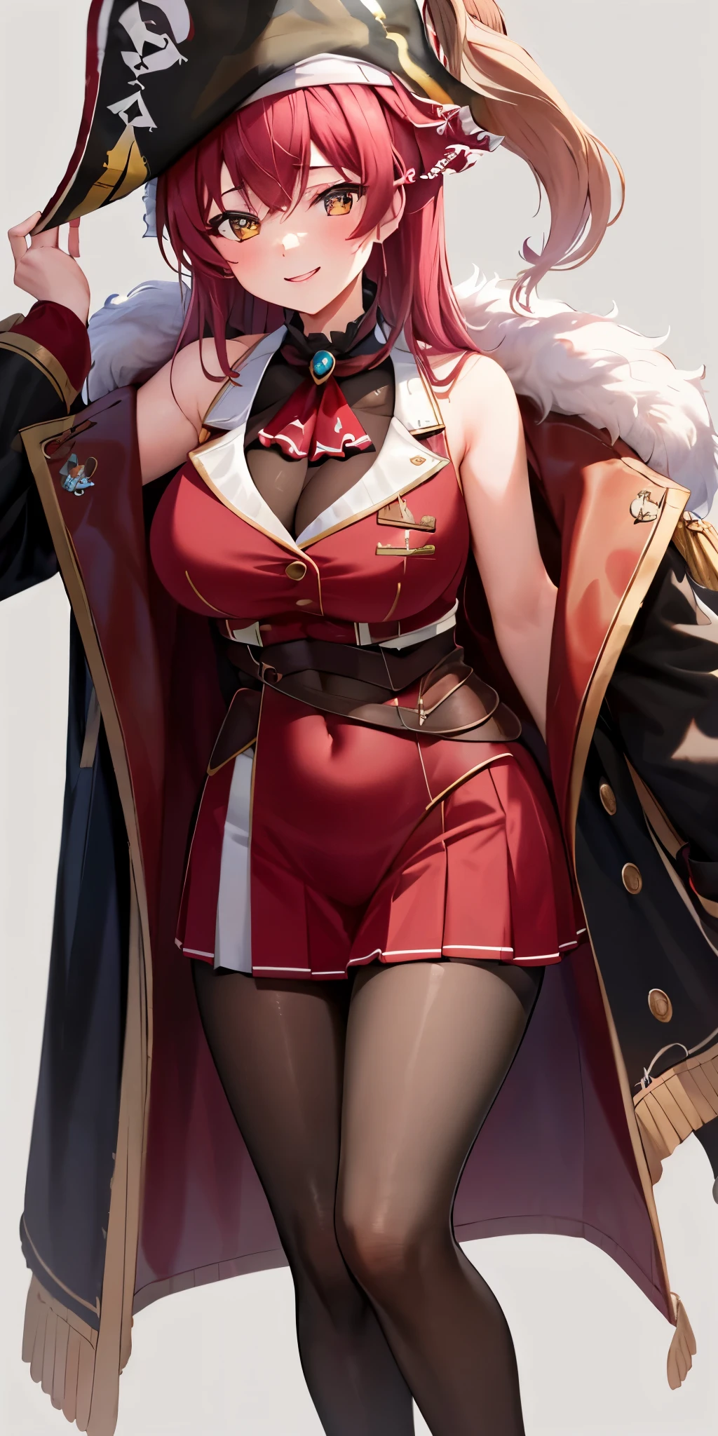 1 girl, alone, Hosho Marine, Big breasts, smile, Nakedness under clothes, (red sleeveless jacket, Off-shoulder coat, pirate hat, red mini skirt), black stockings