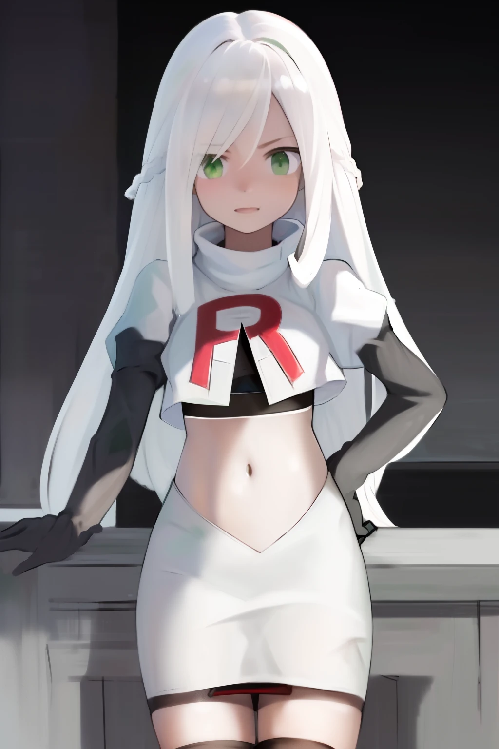 masterpiece, best quality, highres, 1girl avilia white hair green eyes, team rocket,team rocket uniform, red letter R, white skirt,white crop top,black thigh-highs,black elbow gloves