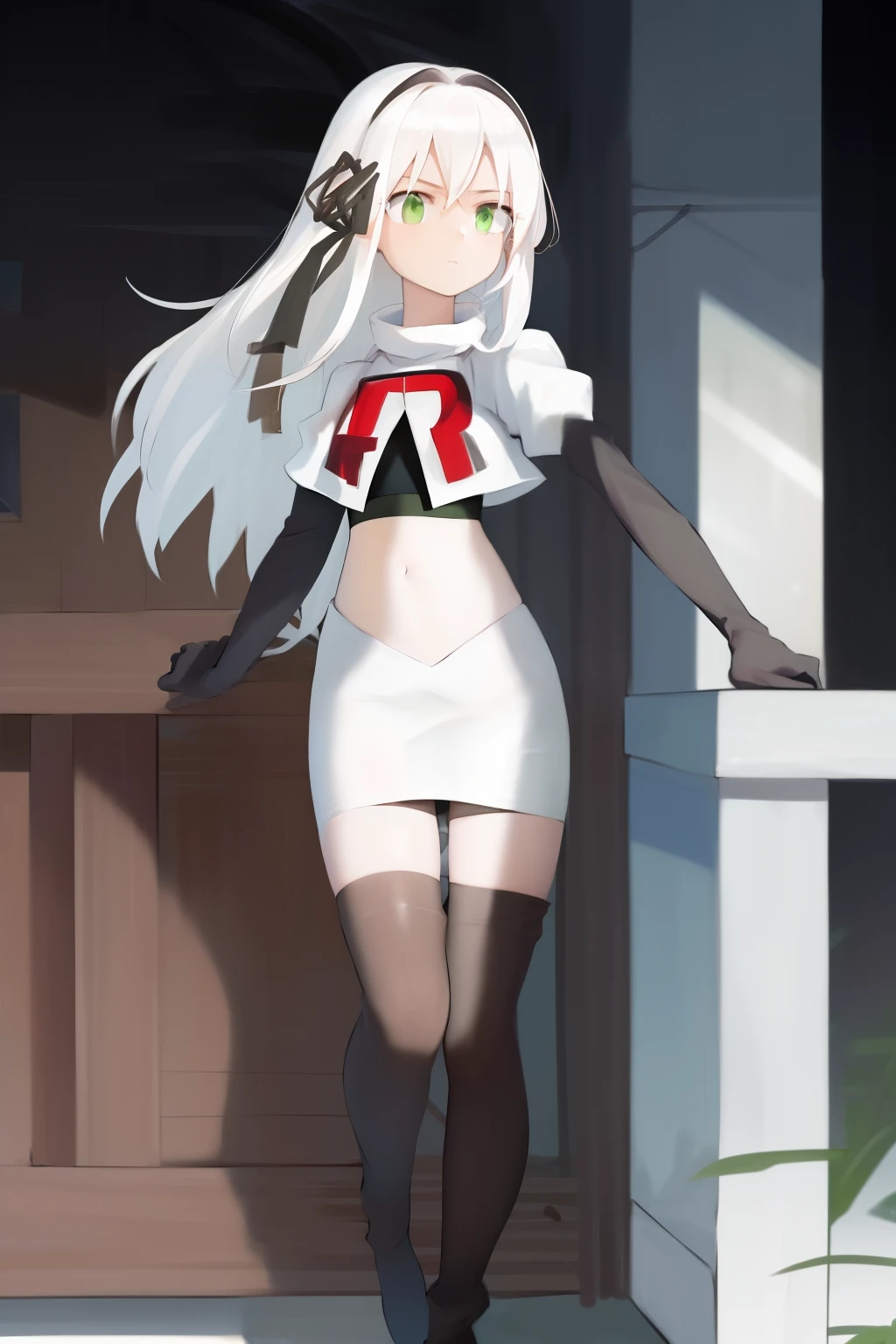 masterpiece, best quality, highres, 1girl avilia white hair green eyes, team rocket,team rocket uniform, red letter R, white skirt,white crop top,black thigh-highs,black elbow gloves