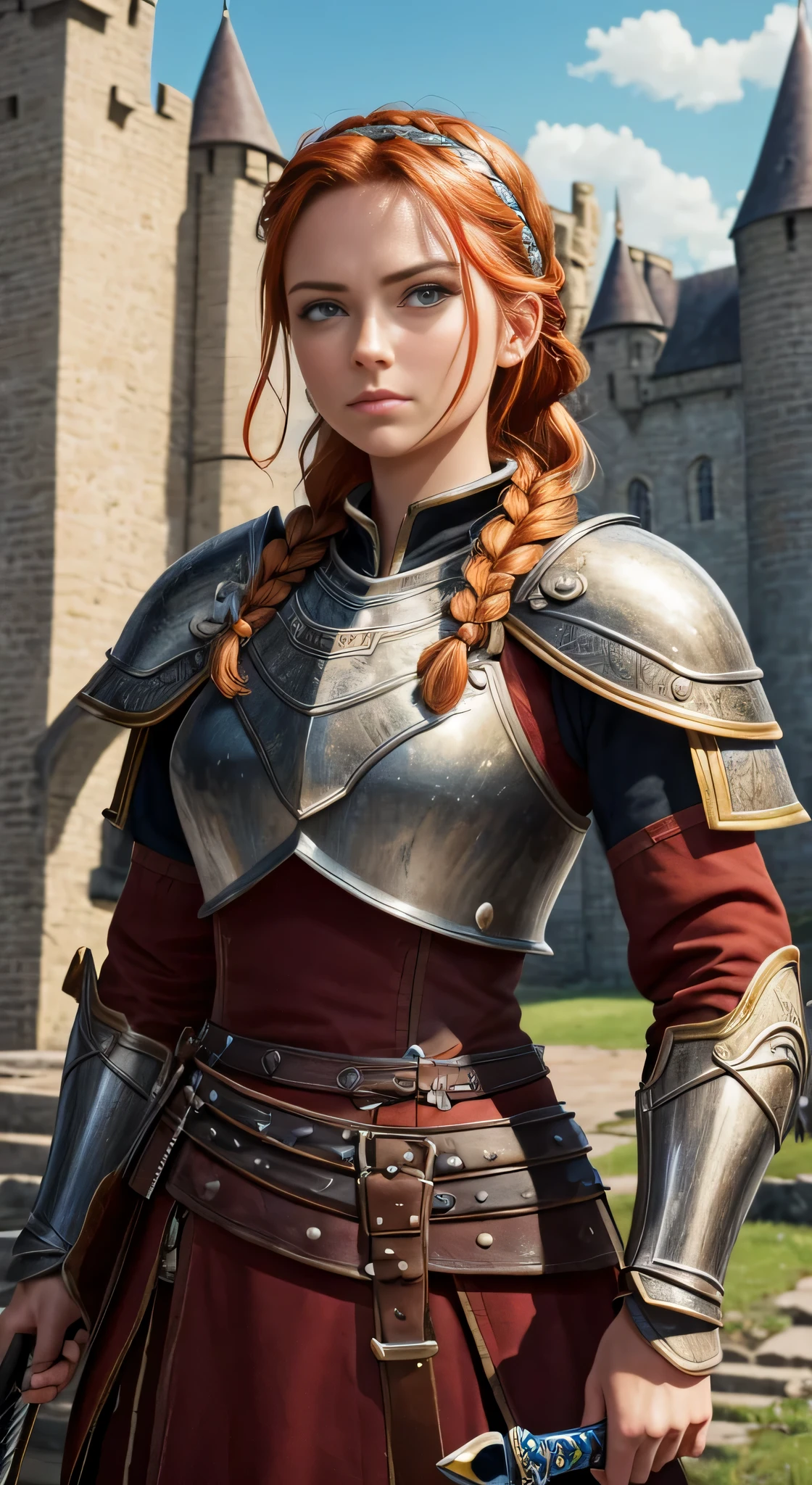 masterpiece, highest quality, RAW, analog style, a stunning photo of a (beautiful woman), (ginger single messy braid), ((hair wrap)), (armor), (sword), (shield), (castle on the background), (highly detailed skin, skin details), full body view, sharp focus, 8k UHD, DSLR, high quality, film grain, Fujifilm XT3, frowning, intricately detailed, highly detailed, cluttered and detailed background