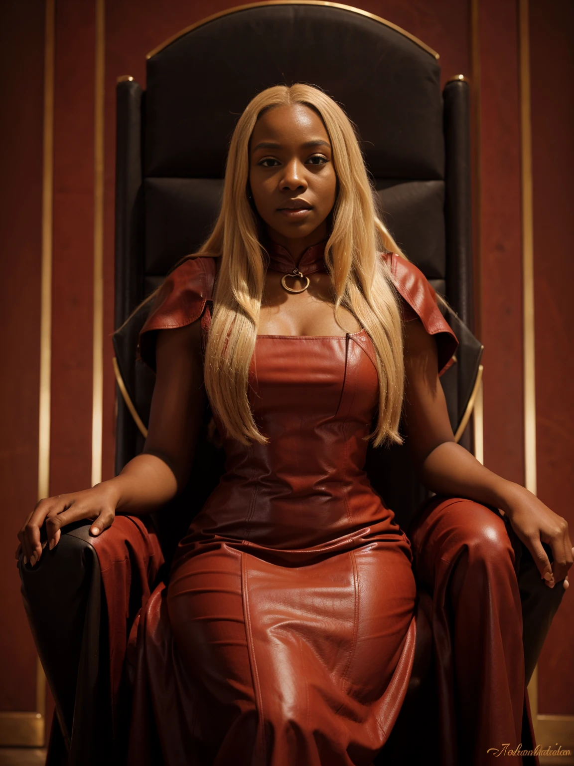 Tendai Targaryen is a black girl with long blonde hair, wearing long red leather dress, tall full body pic from head to toe, sitting on a throne, show full body