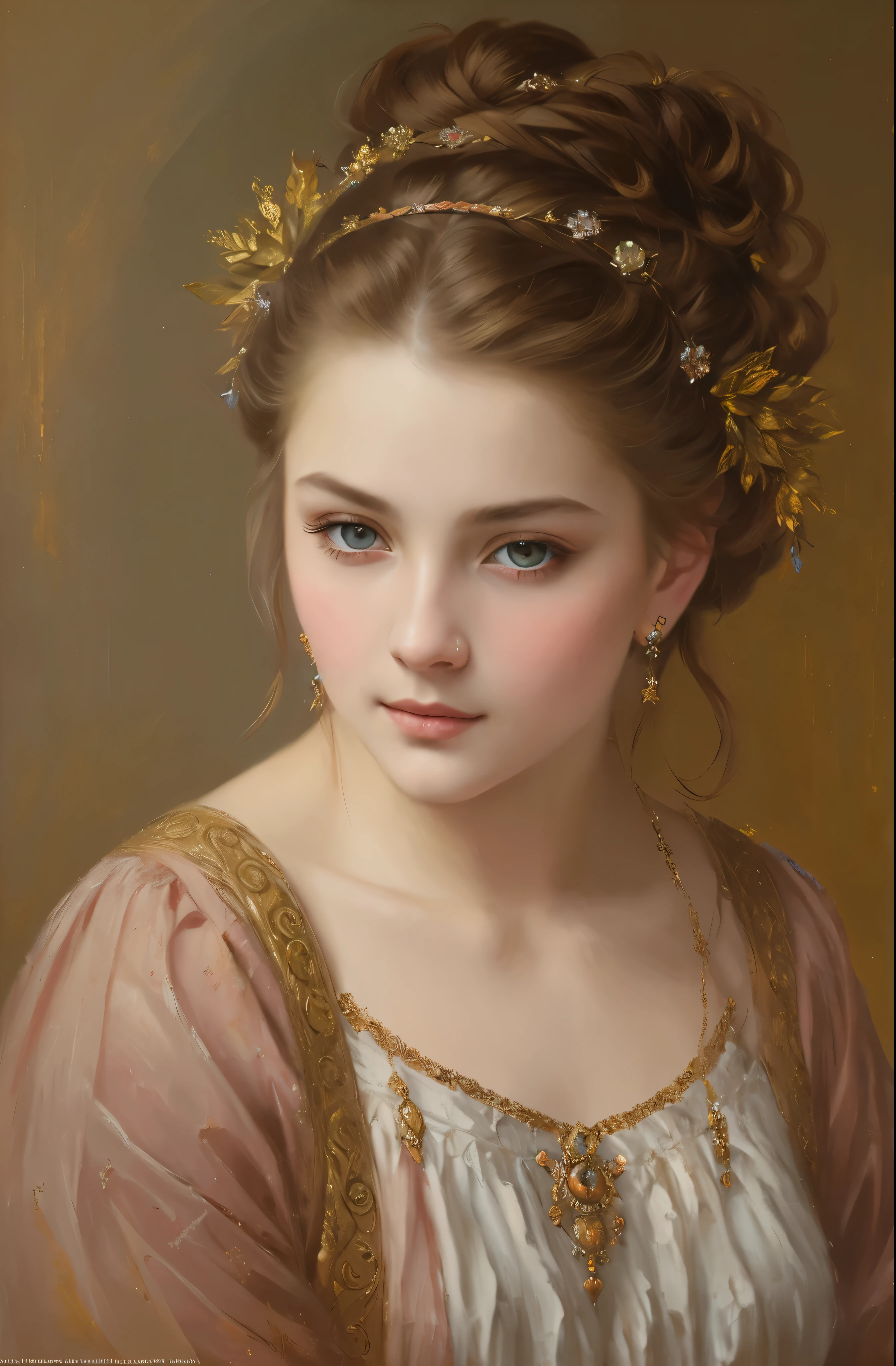 portrait, girl, middle ages, classicism, andrey atroshenko style, painting, pierced eyes, beautifully styled hair, traditional media, realistic, figurative, fine art, oil on canvas, HDR, 8K, original character, high resolution, high detail, focus on the face, beautiful eyes 