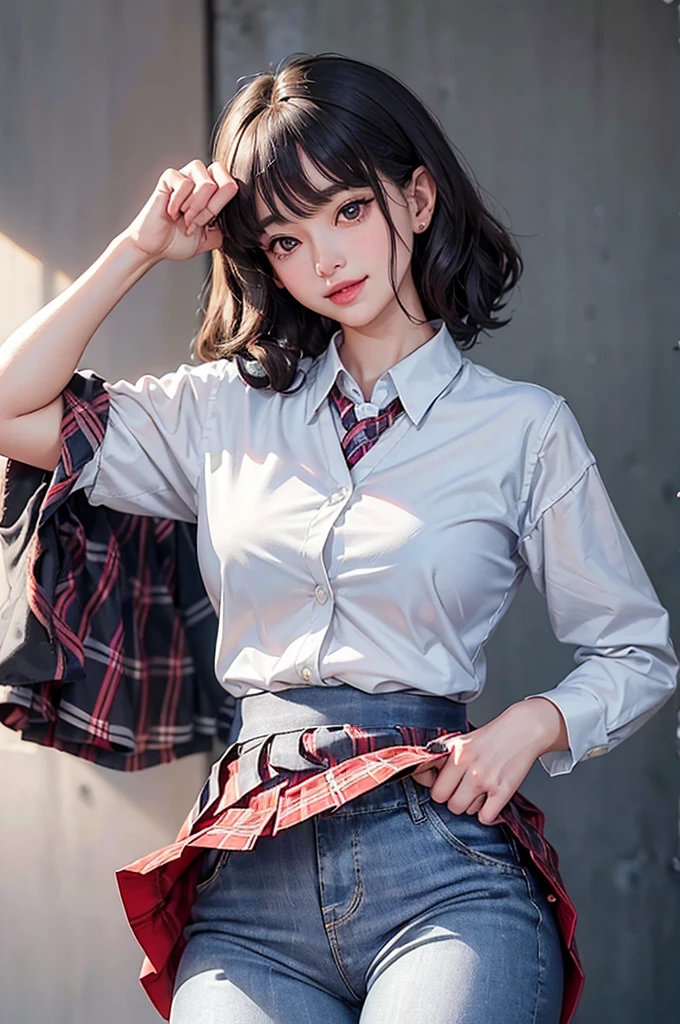 (8K、Raw photo、highest quality、masterpiece:1.2)、beautiful girl、black hair、short hair、(curly hair)、(((lace light blue pants)))、NSFW、(smile showing teeth )、while looking at the viewer、(((lift the hem of the skirt、スカートの裾をboth handsで持ち上げる、Lift the hem of the skirt yourself)))、(humans are biologically correct、bibliography)、((Japan Schools) uniform))、(Red Blazer:1.2)、(short plaid skirt:1.5)、(tie:1.2)、checked skirt、((highest quality、16K、muste piece:1.3))、1 girl、light on face、detailed face、highly detailed lips、detailed eyes、realistic eyes、Beautiful hands of the city、both hands、normal hands、Two arms、full hand、beautiful body、beautiful fingers、normal finger、Five fingers、Five fingers、(thumb) 、index finger、middle finger、ring finger、little finger)、beautiful ears、Ordinary ears、beautiful eyes、Shining eyes、beautiful mouth、beautiful lips、(Correct eye balance)