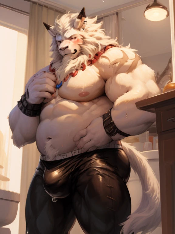 ((best quality)), masterpiece, highres, (by honovy, by zackary911, by by null-ghost), male, solo, leomon, muscular, white fur, genital fluids, white body, Giant body, very fat muscular, very muscular arms, blushing on his face, sweat soaked fur, (((ass focus))), ((back)), tail, A guy is standing in a bathroom, ((wearing tight underwear)), wet underwear, holding a towel, ((low angle))