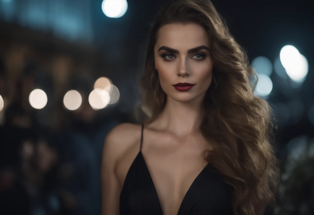 obra maestra, of the highest quality, (Solo focus), (cara perfecta:1.1), (Alto detalle:1.1),dramatic, 1 chica,20 years, (pale skin), pelo largo y blanco, ojos negro, Solo, pelo largo, Luna, noche, vestido scoter blanco, cubierto navel, labios sensuales, cubierto, ciudad futurista, antecedentes detallados, arte de artgerm y greg rutkowski, cinematic lighting,
