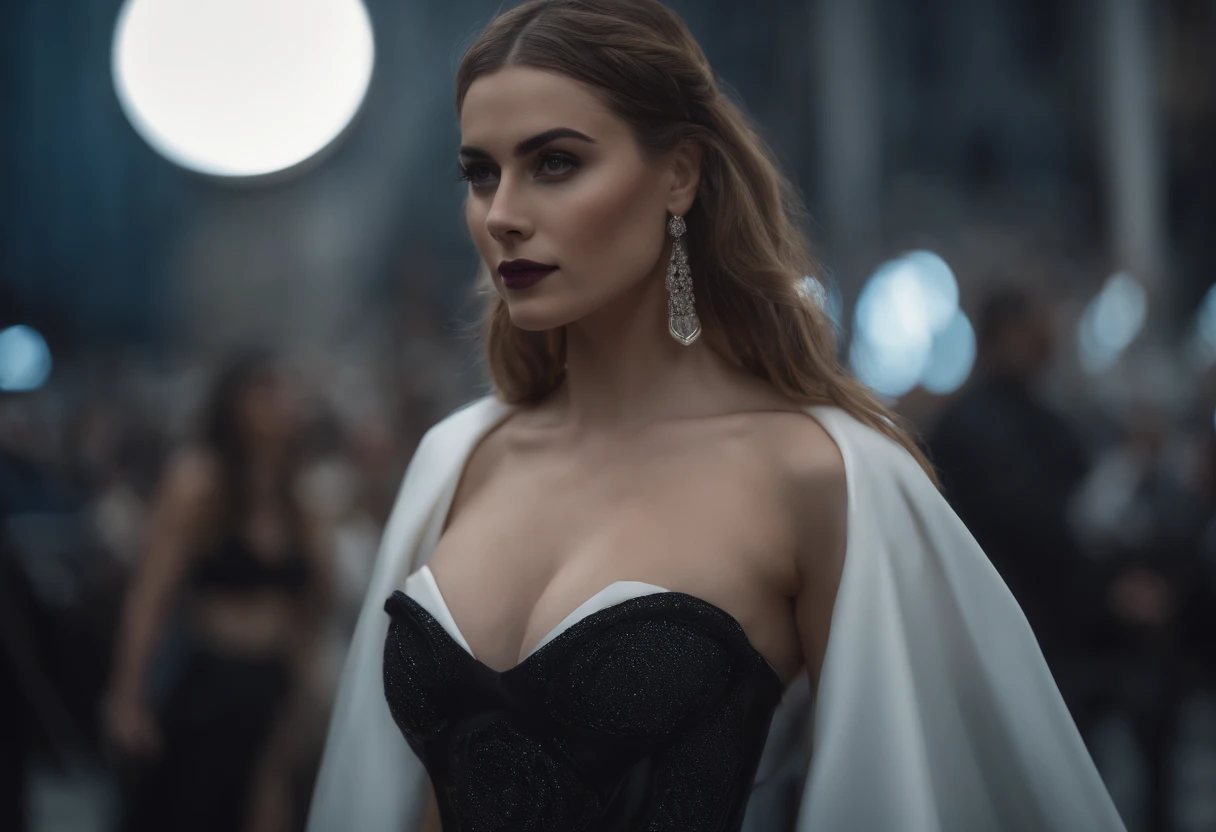 obra maestra, of the highest quality, (Solo focus), (cara perfecta:1.1), (Alto detalle:1.1),dramatic, 1 chica,20 years, (pale skin), pelo largo y blanco, ojos ?????, Solo, pelo largo, Luna, noche, vestido scoter blanco, cubierto navel, labios sensuales, cubierto, ciudad futurista, antecedentes detallados, arte de artgerm y greg rutkowski,  cinematic lighting,