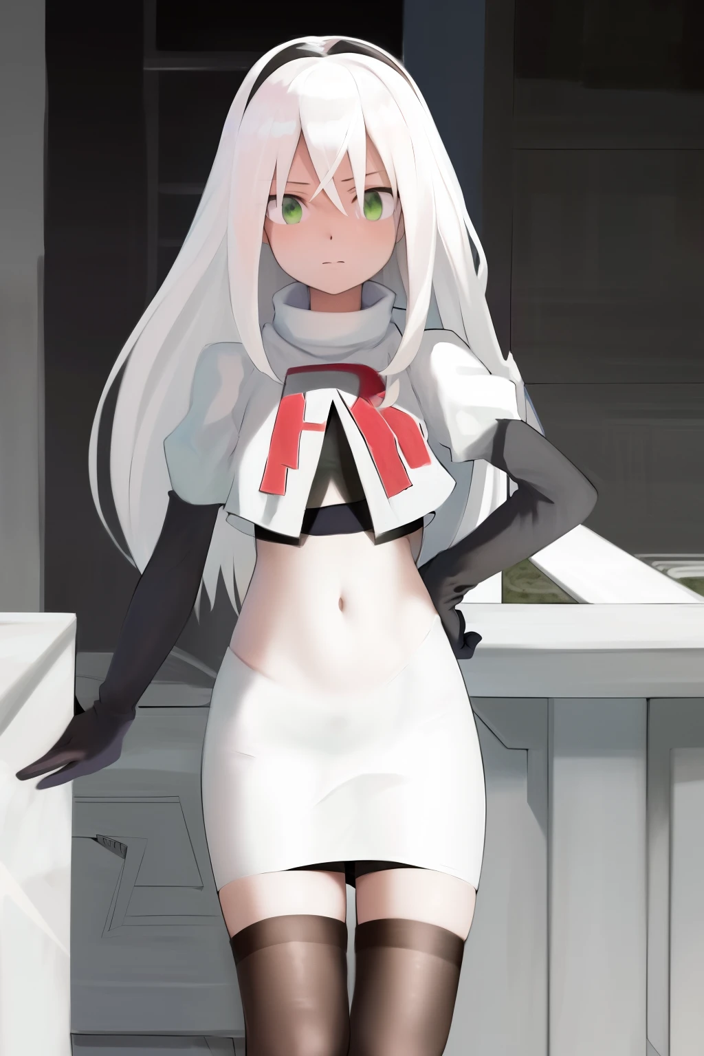 masterpiece, best quality, highres, 1girl avilia white hair green eyes, team rocket,team rocket uniform, red letter R, white skirt,white crop top,black thigh-highs,black elbow gloves