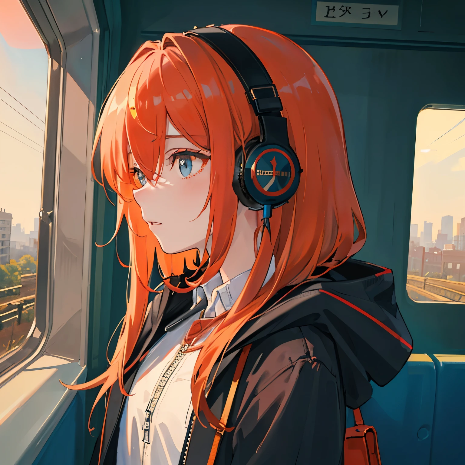 (masterpiece, side light, super detailed, Beautiful detailed eyes: 1.2), 1 girl, bag, building, From the side, headphones, hood, hood down, hooded Jacket, hoodie, Jacket, long hair, orange hair, profile, redhead, alone, train, train interior, Upper body, masterpiece, highest quality