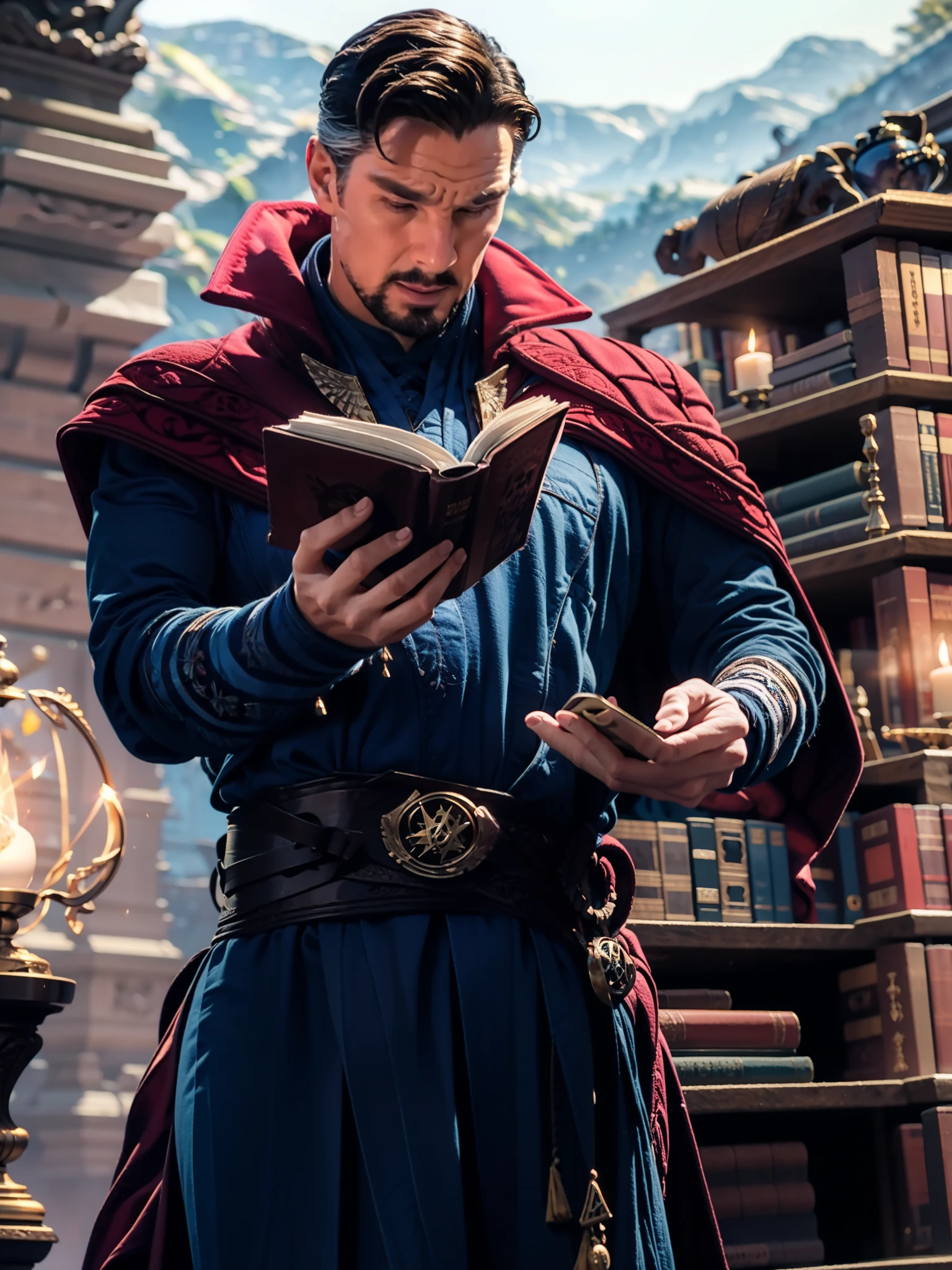 Mostrar cuerpo completo, Usando su traje sin la capa, Reading a book with a mystical library background, Bright colors and solid tone, Mejor calidad 4K, Super detallado