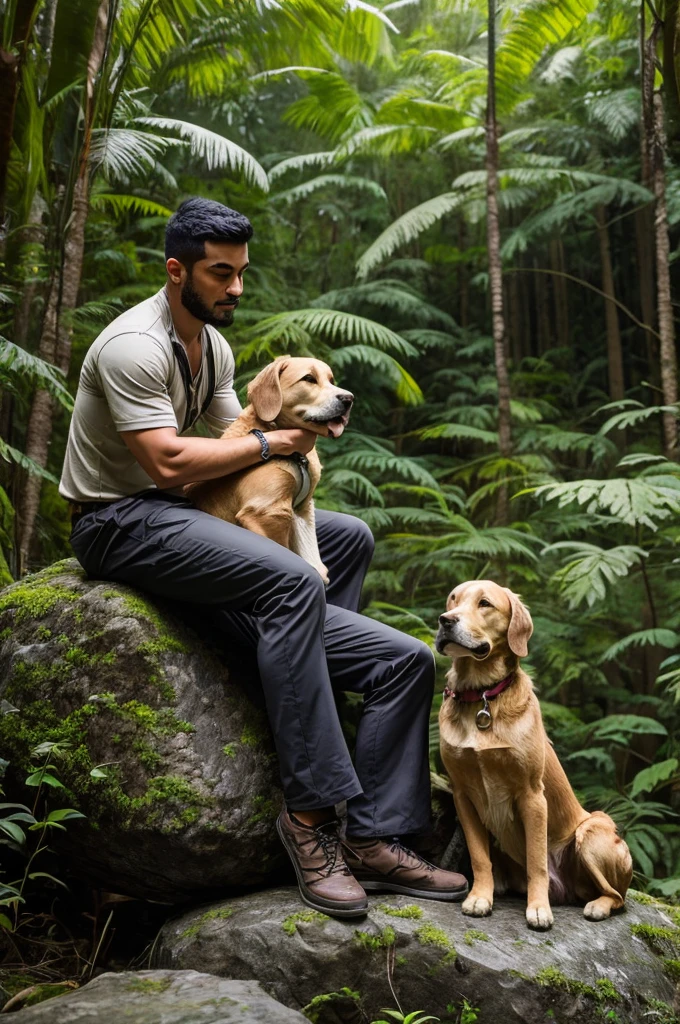 a man sittin on a rock in a jungle and caring him dog