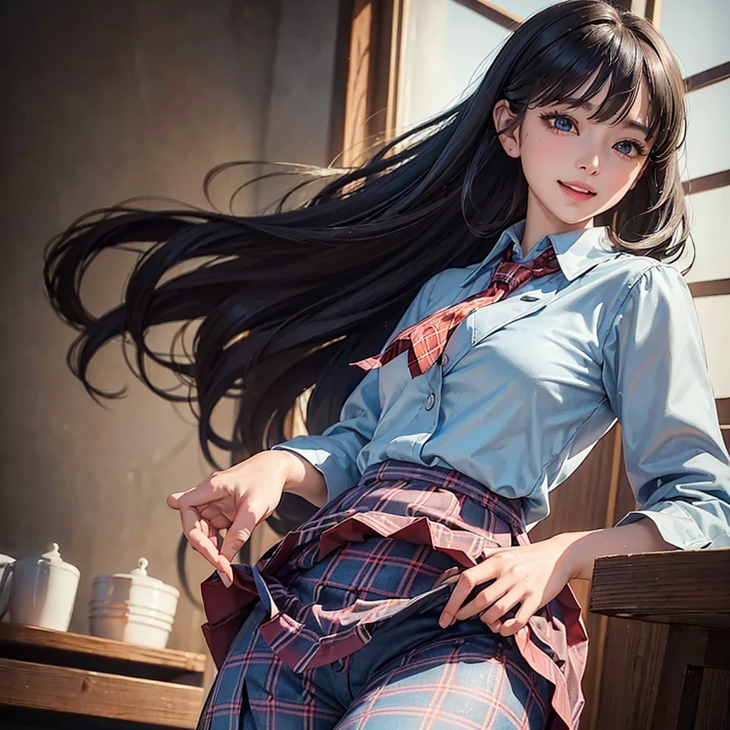 (8K、Raw photo、highest quality、masterpiece:1.2)、one girl、beautiful girl、black hair、short hair、(curly hair)、(((lace light blue pants)))、NSFW、mini skirt、(smile showing teeth )、while looking at the viewer、(((lift the hem of the skirt、スカートの裾をboth handsで持ち上げる、Lift the hem of the skirt yourself)))、thighs、d cup bust、((Japanese school uniform))、(Red Blazer:1.2)、(short plaid skirt:1.5)、(tie:1.2)、checked skirt、((highest quality、16K、muste piece:1.3))、light on face、detailed face、highly detailed lips、detailed eyes、realistic eyes、Beautiful hands of the city、both hands、normal hands、Two arms、full hand、beautiful body、beautiful fingers、normal finger、Five fingers、Five fingers、(thumb) 、index finger、middle finger、ring finger、little finger)、beautiful ears、Ordinary ears、beautiful eyes、Shining eyes、beautiful mouth、beautiful lips、(Correct eye balance)