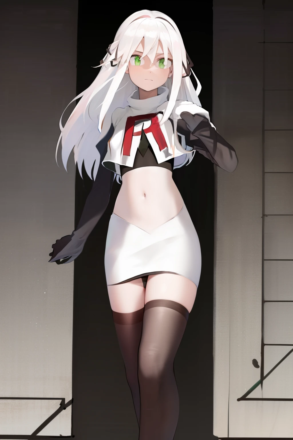 masterpiece, best quality, highres, 1girl avilia white hair green eyes, team rocket,team rocket uniform, red letter R, white skirt,white crop top,black thigh-highs,black elbow gloves