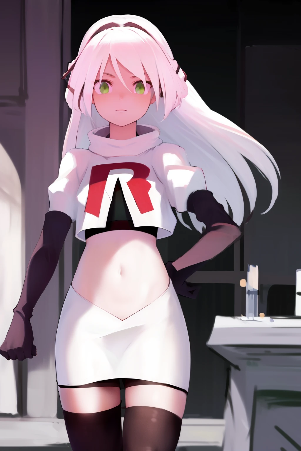 masterpiece, best quality, highres, 1girl avilia white hair green eyes, team rocket,team rocket uniform, red letter R, white skirt,white crop top,black thigh-highs,black elbow gloves