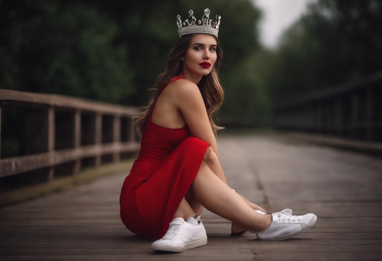 20 year old girl sexy dressed with red scoter diamond crown white shoes