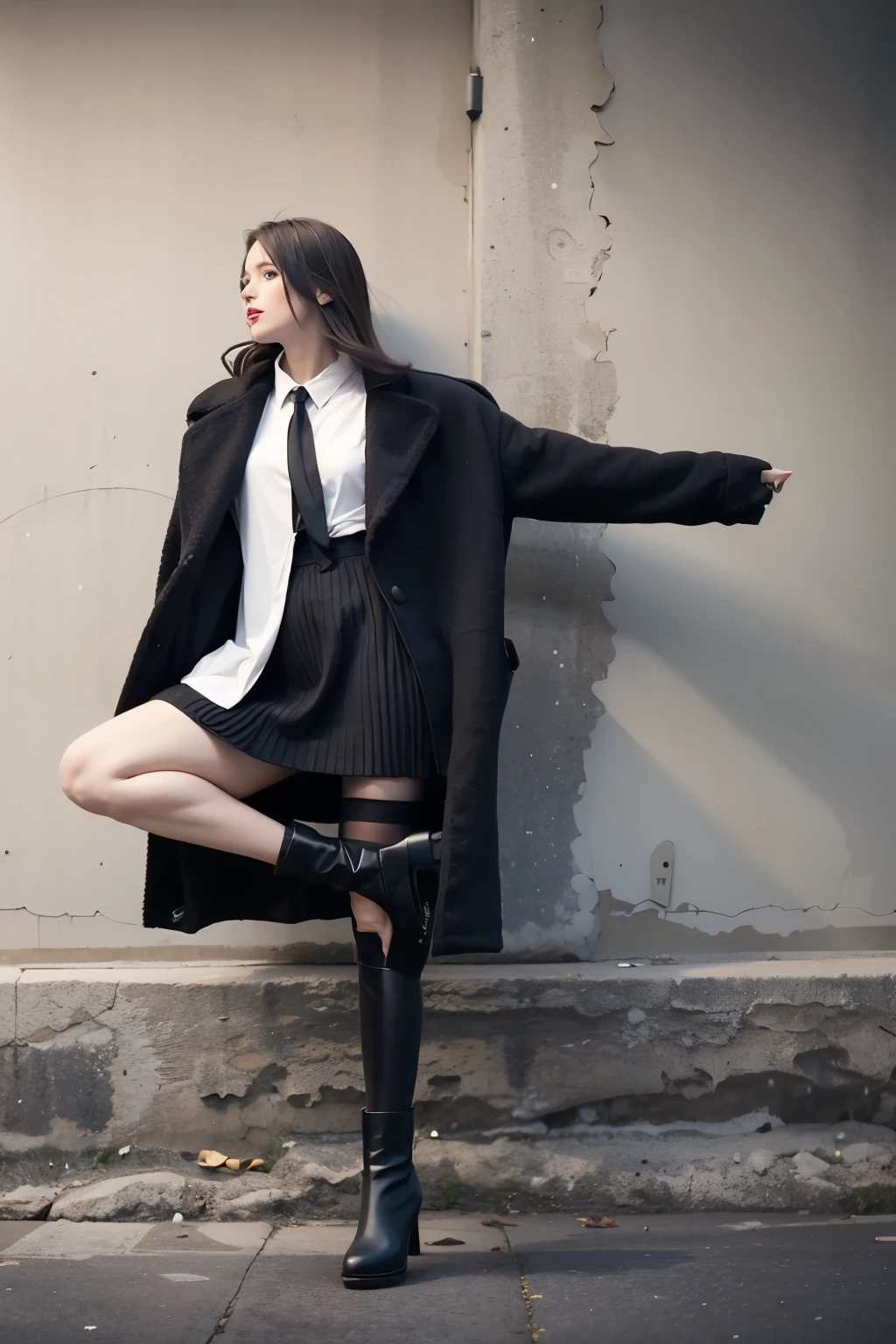 there a woman in a black coat and a white shirt and black boots, official jil sander editorial, lady in black coat and pantyhose, he wearing a black trenchcoat, wearing black overcoat, official valentino editorial, photograph of a techwear woman, cinematic outfit photo, alessio albi, short skirt and a long jacket
