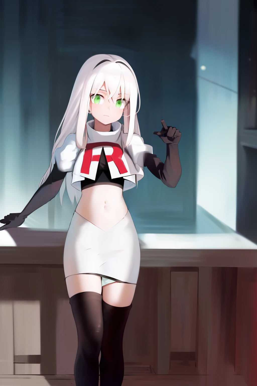 masterpiece, best quality, highres, 1girl avilia white hair green eyes, team rocket,team rocket uniform, red letter R, white skirt,white crop top,black thigh-highs,black elbow gloves