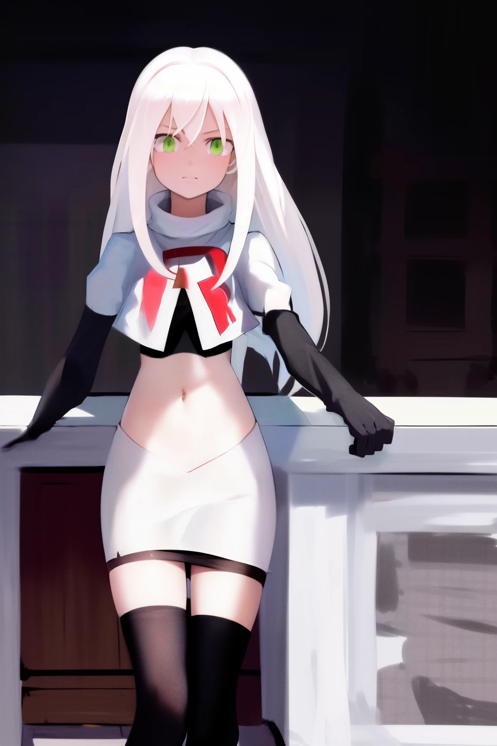 masterpiece, best quality, highres, 1girl avilia white hair green eyes, team rocket,team rocket uniform, red letter R, white skirt,white crop top,black thigh-highs,black elbow gloves