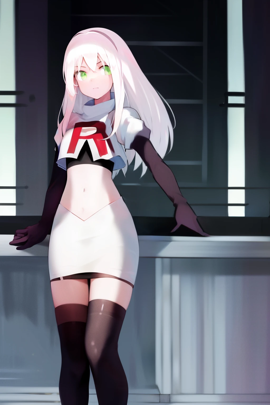 masterpiece, best quality, highres, 1girl avilia white hair green eyes, team rocket,team rocket uniform, red letter R, white skirt,white crop top,black thigh-highs,black elbow gloves